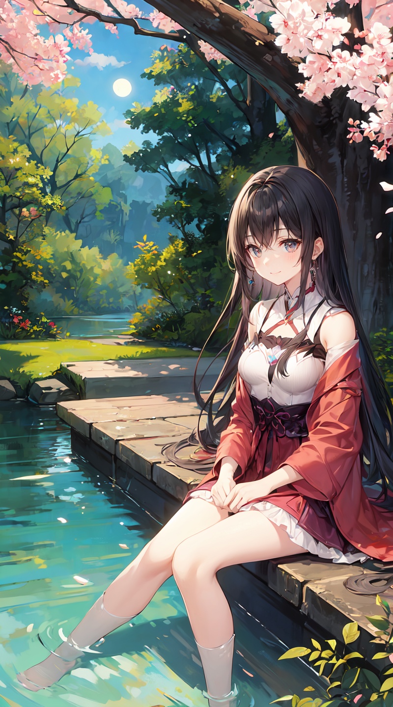 panorama,sitting by the pond,stream,clear lake water,moonlight,a charming smile,outdoors,exploring cherry blossom branches,amber eyes,