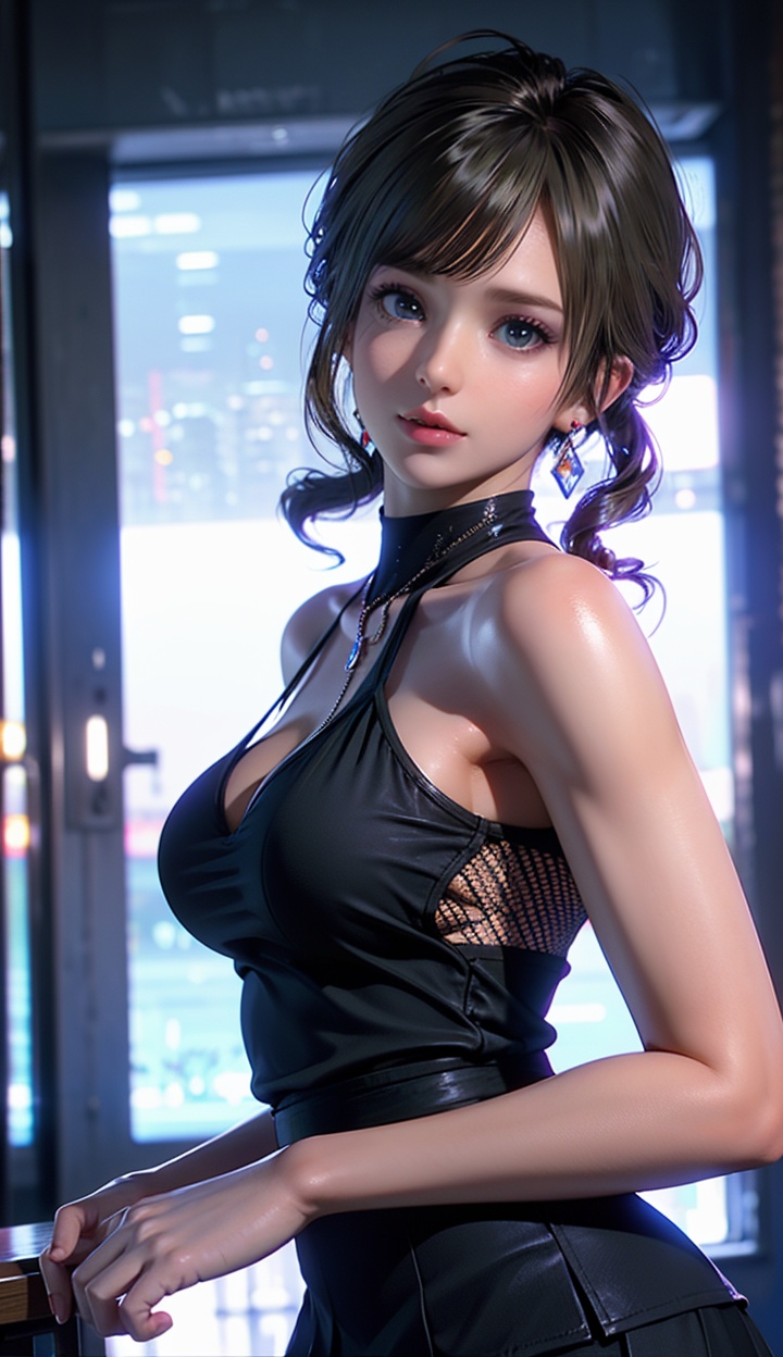 Best quality,masterpiece,ultra high res,realistic,photorealistic,(upper body:1.2),(front view:1.2),1girl,thighhighs,miniskirt,high heels,mesh top,pretty hands,window,cityscape,<lora:monica3rface-000005:0.75>, monica,
