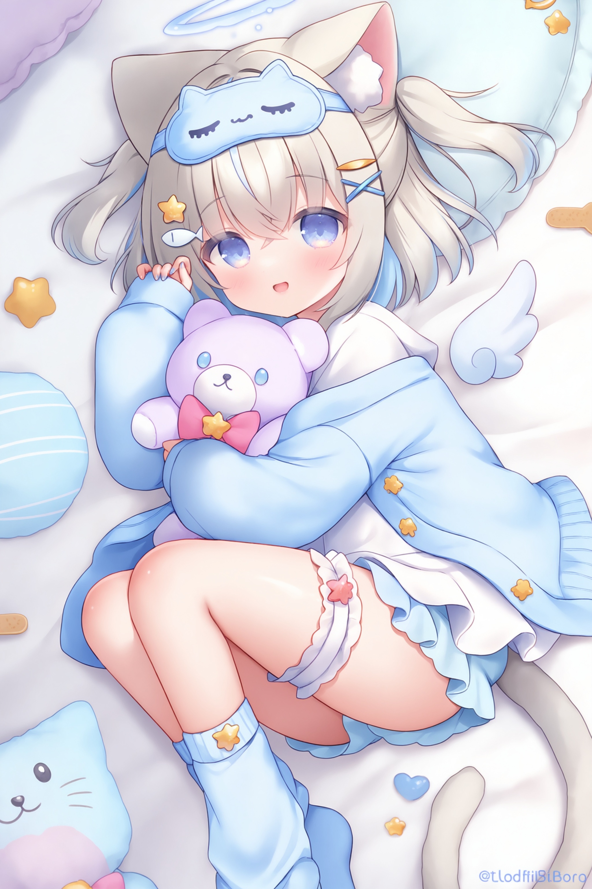 <lora:nts_style_v6:0.9>,high resolution,aesthetic,excellent,medium resolution,sleep mask,1girl,stuffed toy,animal ears,stuffed animal,blue eyes,mini wings,hair ornament,detached wings,sleeves past wrists,mask on head,tail,ers,animal ear fluff,cat girl,blue cardigan,wings,cat tail,cat ears,long sleeves,socks,x hair ornament,mask,cardigan,looking at viewer,halo,puffy long sleeves,solo,lying,open mouth,blue socks,white ers,hairclip,open cardigan,on back,eye mask,white wings,feet out of frame,frilled shorts,teddy bear,blush,knees together feet apart,grey hair,holding stuffed toy,loose socks,puffy sleeves,open clothes,smile,bed sheet,ice cream,underwear,stuffed cat,hair between eyes,shirt,fish hair ornament,crossed bangs,crescent,short hair,food,crescent hair ornament,two side up,hugging object,pink bow,star hair ornament,white shirt,blue nails,knees up,jacket,hand up,blue wings,blue jacket,heart hair ornament,blue hair,bridal garter,:d,bow,
