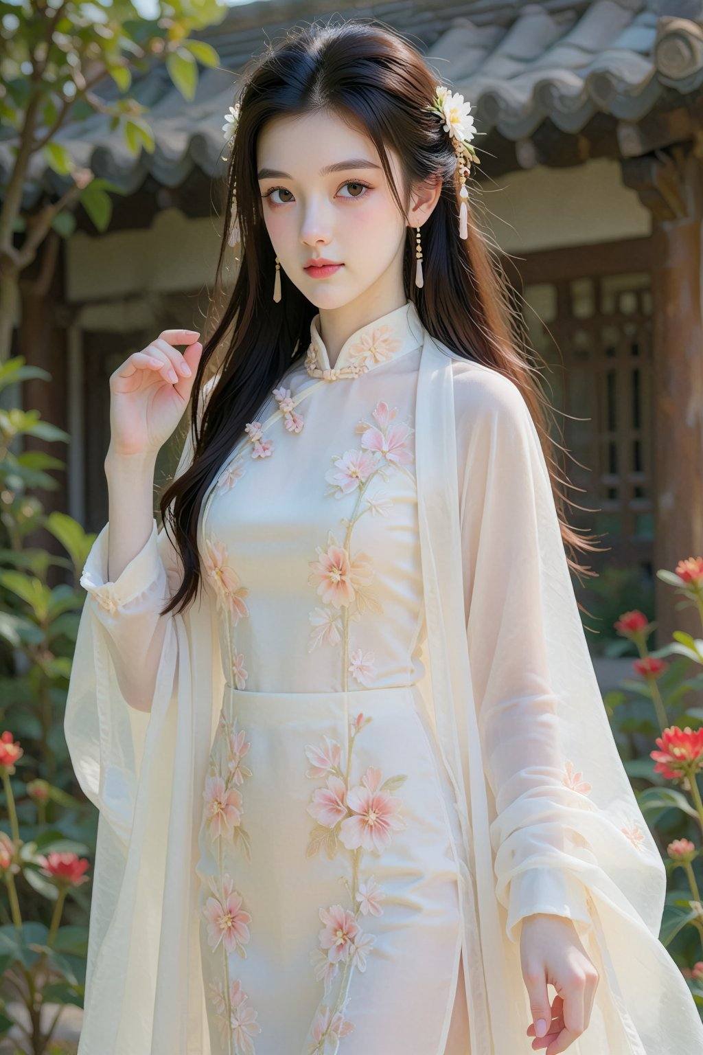 This photograph captures a young Asian woman standing in a serene garden setting,  bathed in soft,  natural light. She has...