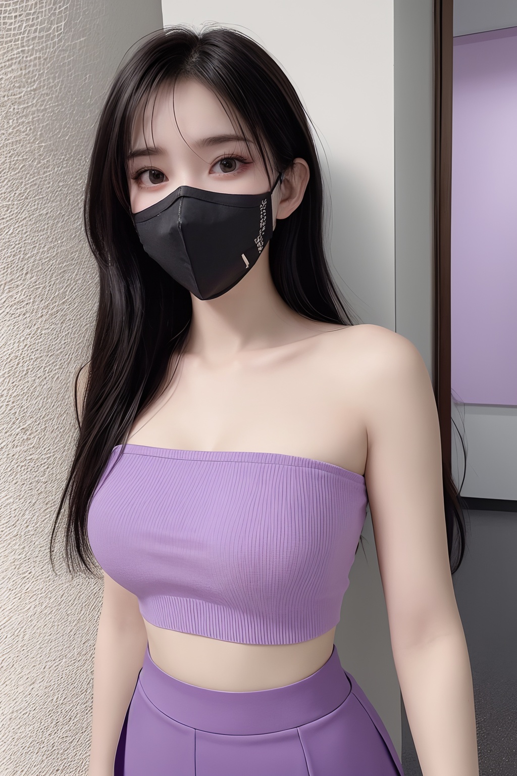 1girl, bangs, bare shoulders, black hair, black skirt, covered mouth, gas mask, long hair, mask, midriff, mouth mask, nail polish, pencil skirt, purple nails, purple skirt, skirt, solo, surgical mask, tape gag  <lora:口罩:0.8>