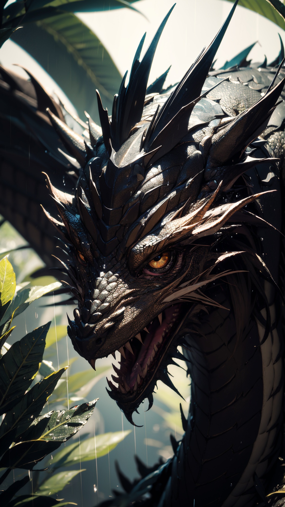 close-up,eyes_focus,eye close-up,dragon,hiding in the leaves,black dragon,shiny scales,((rain)),zazie rainyday,(((masterpiece))),(best quality),((ultra-detailed)),beautiful eyes,macro shot,colorful details,natural lighting,amazing composition,subsurface scattering,velus hairs,amazing textures,filmic,soft light,