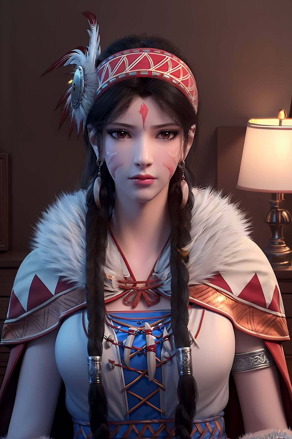 3D,masterpiece,(best quality),(makeup),official art, extremely detailed cg 8k wallpaper,((crystalstexture skin)), (extremely delicate and beautiful),(highly detailed),(face),(twin_braids),(headdress),(feather_hair_ornament),(headband),(facial_mark),(feather_trim),(1girl), (solo), (jewelry), (earrings),(black_hair),(long_hair),(hair_ornament),(handwear),(breasts),((upper_body)),(closed_mouth),(chinese_clothes),(dress),,(multicolored_clothes),(multicolored_dress),(shiny_clothes),(city,indoor,bed),(wristband),(fur),(fur-trimmed_cape),(cloak),,((looking_at_viewer)),((Facing the camera)),, <lora:hipoly3DModelLora_v10:0.3>