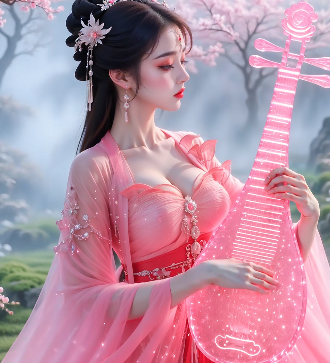 1girl,jewelry,red_lips_,lipstick,applying_makeup,eye makeup,black hair,solo,<lora:汉服眼妆1.3:0.5>,diamond drop earrings,standing,forest,upper_body,dress,plump breasts,hanfu,playing,<lora:汉服粉红色弹琴琵琶1.2:0.8>,chest,cleavage,play the pipa,pipa,play the lute,