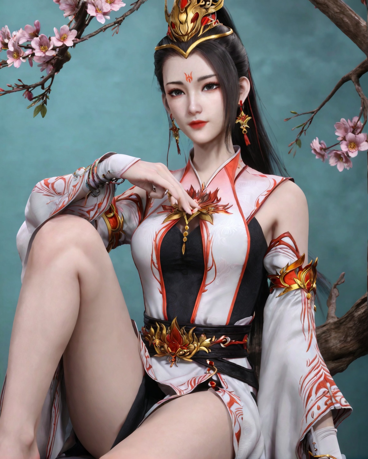 <lora:SF_JiuJiu_Pony_Realism-000003:0.7>,1girl,solo,flower,dress,earrings,detached sleeves,facial mark,forehead mark,bare legs, hair ornament,jewelry,sitting,looking at viewer,branch,black hair,long hair,hair bun,
