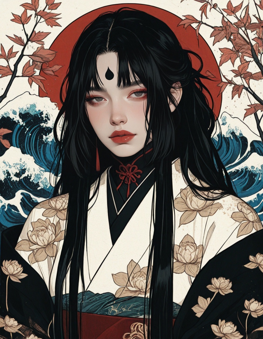 dark decorative Japanese-inspired illustration,  ***** woman seated behind overlapping lacquered screens,  only parts of h...