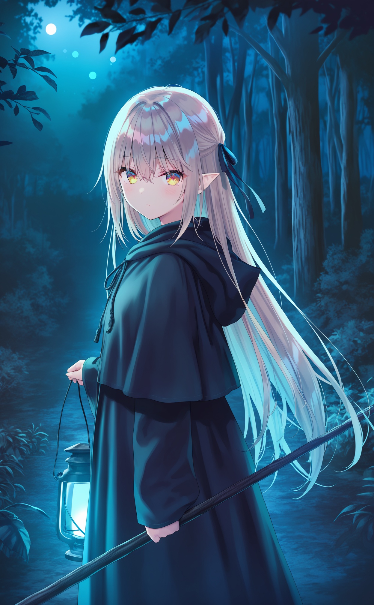masterpiece,absurdres,best quality,high quality,chromatic_aberration,Night,darkness,black theme,shy,embarrass,endured_face,nsfw,//,1girl,holding lantern,holding,forest,solo,nature,long hair,lantern,pointy ears,staff,hood,holding staff,yellow eyes,hood down,looking at viewer,white hair,elf,robe,very long hair,outdoors,long sleeves,standing,plant,expressionless,tree,hair ribbon,from side,ribbon,night,hair ornament,capelet,leaf,blue theme,closed mouth,blue dress,hooded coat,hooded cloak,dress,looking to the side,sidelocks,cloak,hooded capelet,sleeves past wrists,black robe,blue robe,feet out of frame,hooded robe,grey hair,hair between eyes,//,potorealistic,((Artist:na-ga)),artist:luvluvvox,artist:fukai ryosuke,[artist:Torino aqua],artist:minato hitori,hiten_(hitenkei),artist:rurudo,artist:lazuri7,artist:yunikon,artist:ramchi,(courreges_ace),//,highres,HDR,8K,high contrast,illustration,depth of field,(colorful),Tyndall effect,contrast,lens flare,