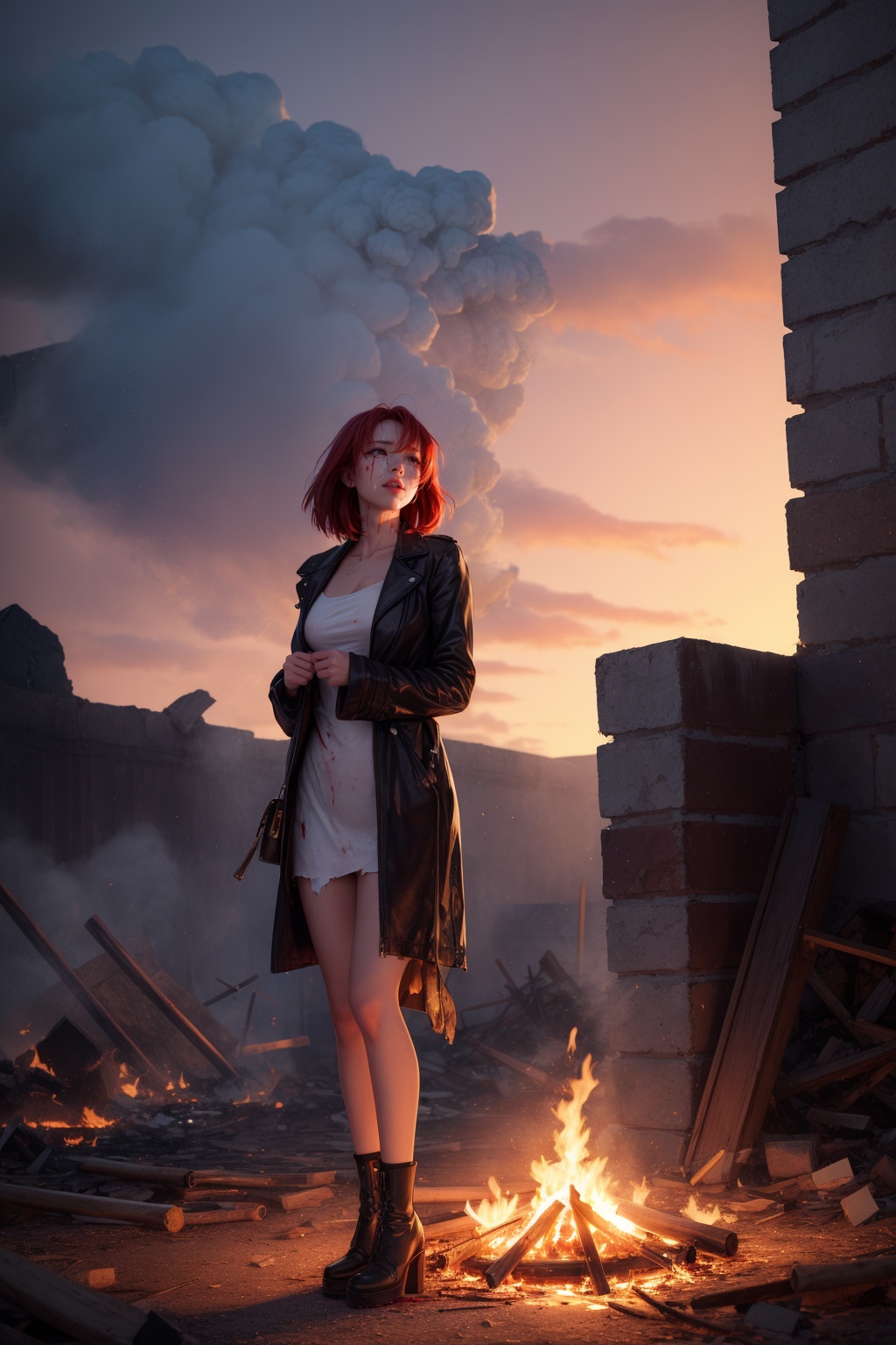 1girl,Blood Mist,despair,torn clothes,crying with eyes open,solo,Blood Rain,bandages,Gunpowder smoke,beautiful deatailed shadow,Splashing blood,dust,tyndall effect,rubble_ruins,remains,wind,floating hair,volumetric lighting,cinematography,bonfire,against the wall,red eyes,full body,red hair,<lora:add_detail:0.7>,gold lighting,sunset,golden hour of illumination,standing,