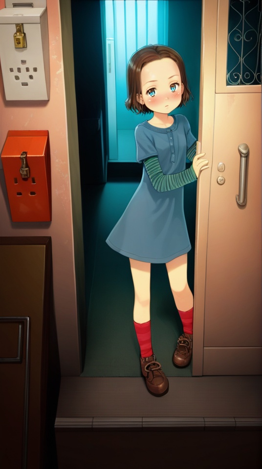 (best quality), ((masterpiece)), (highres), illustration, original, extremely detailed,  <lora:疗愈天空:0.7>1girl, solo, socks, short hair, door, red socks, dress, shoes, brown hair, long sleeves, brown footwear, standing, blush, layered sleeves, short sleeves, striped, forehead, open door, looking at viewer, shirt, short over long sleeves, doorway, lock, jewelry, indoors, necklace, closed mouth, full body, blue eyes