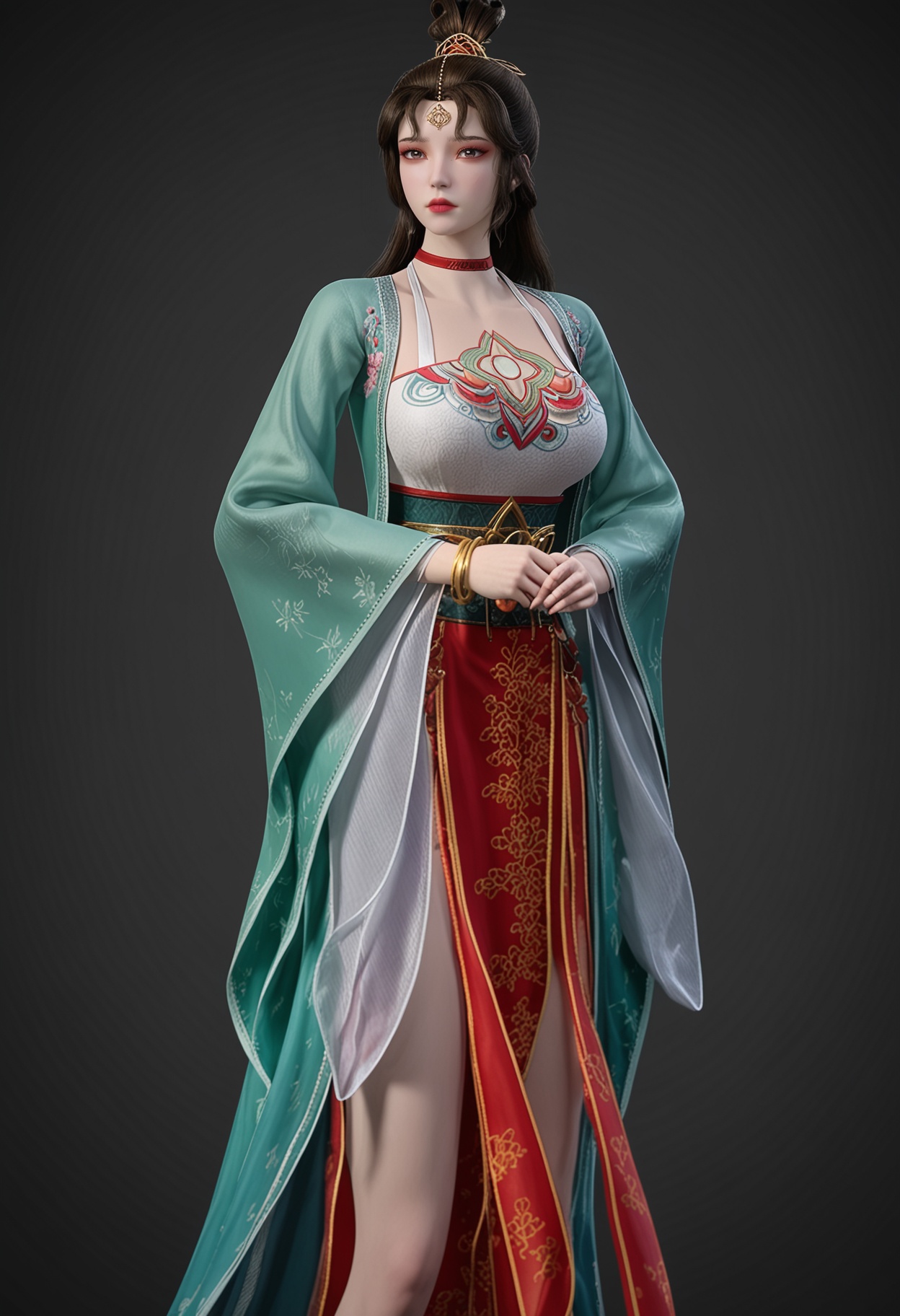 (gigantic breasts:0.6),(cowboy shot:1.1),(looking at viewer:1.1),facing viewer,direct gaze,<lora:YQ_pony_yunmo_V4:0.8>,q1528437228,1girl,solo,black hair,long hair,choker,red choker,hair ornament,dress,chinese clothes,long sleeves,jewelry,forehead mark,bracelet,wide sleeves,hair bun,brown hair,mole under eye,brown eyes,eyeshadow,red footwear,BREAK simple background,pure black background,black background,perfect anatomy,