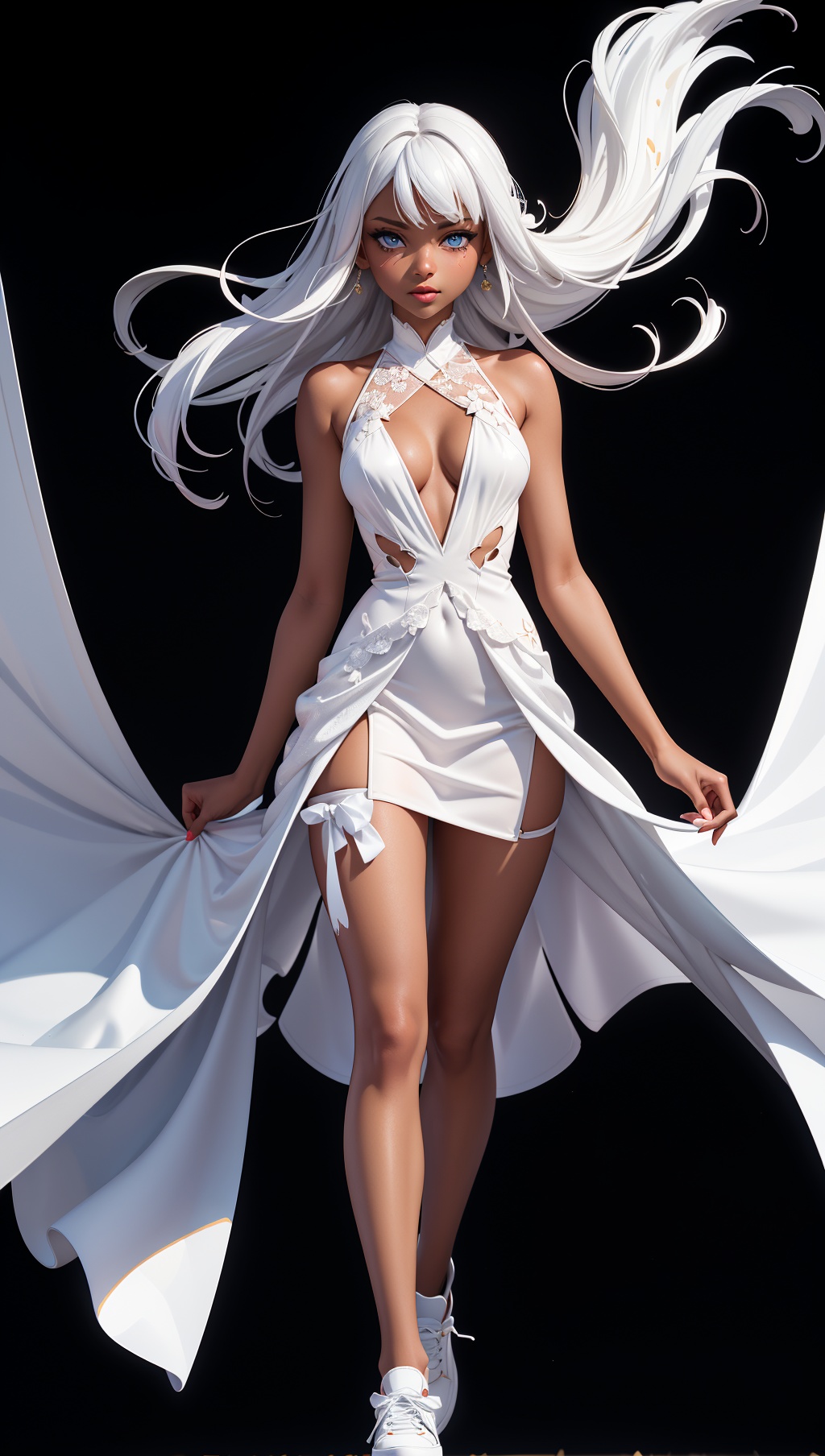 a woman with white hair and blue eyes,  in a white dress with a black background and a splashs of paint all over,  Celesti...