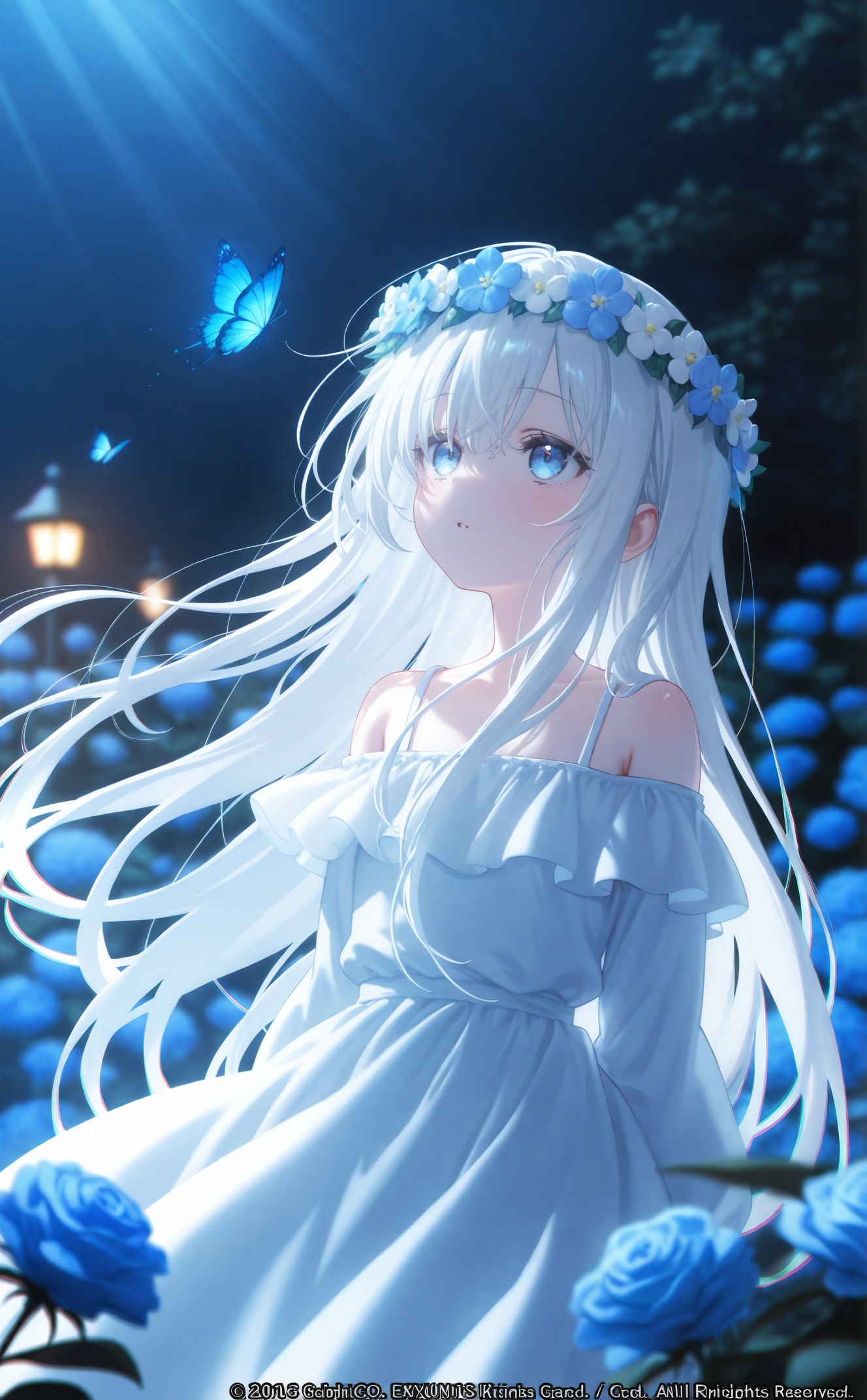 masterpiece,best quality,high quality,loli,chromatic_aberration,Blue Theme,artist:konya_karasue,//loli,night,gothic,long dress,1 girl,solo,long white hair,blue eyes,detailed eyes,blink and youll miss it detail,butterfly,flower garden,high quality,floral background,very detailed,off shoulder,//,official art,depth of field,detailed light,blurry background,cinematic lighting,ray tracing,ultra detailed,god rays,backlighting,photo background,film grain,chromatic aberration,volumetric lighting,depth of field,blurry background,shiny skin,floating hair,cinematic lighting,day,very aesthetic,cowboy shot,look up,head wreath,
