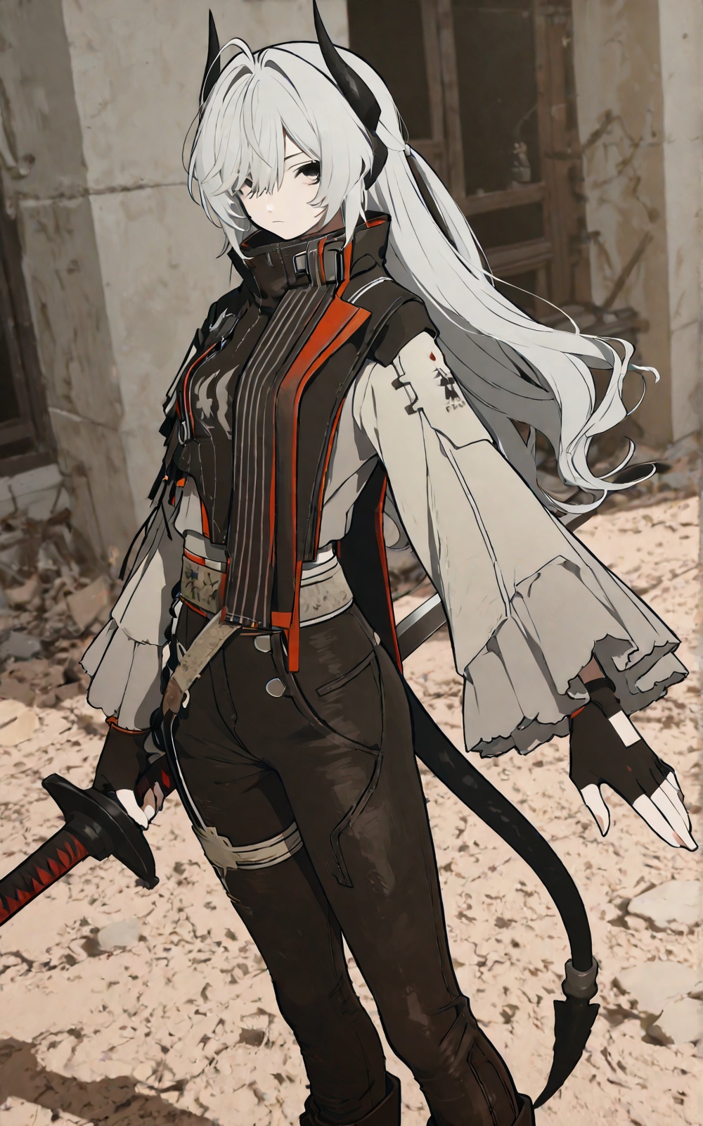 black horns + black tail,  silver-gray long hair,  black eyes on Tensor.Art