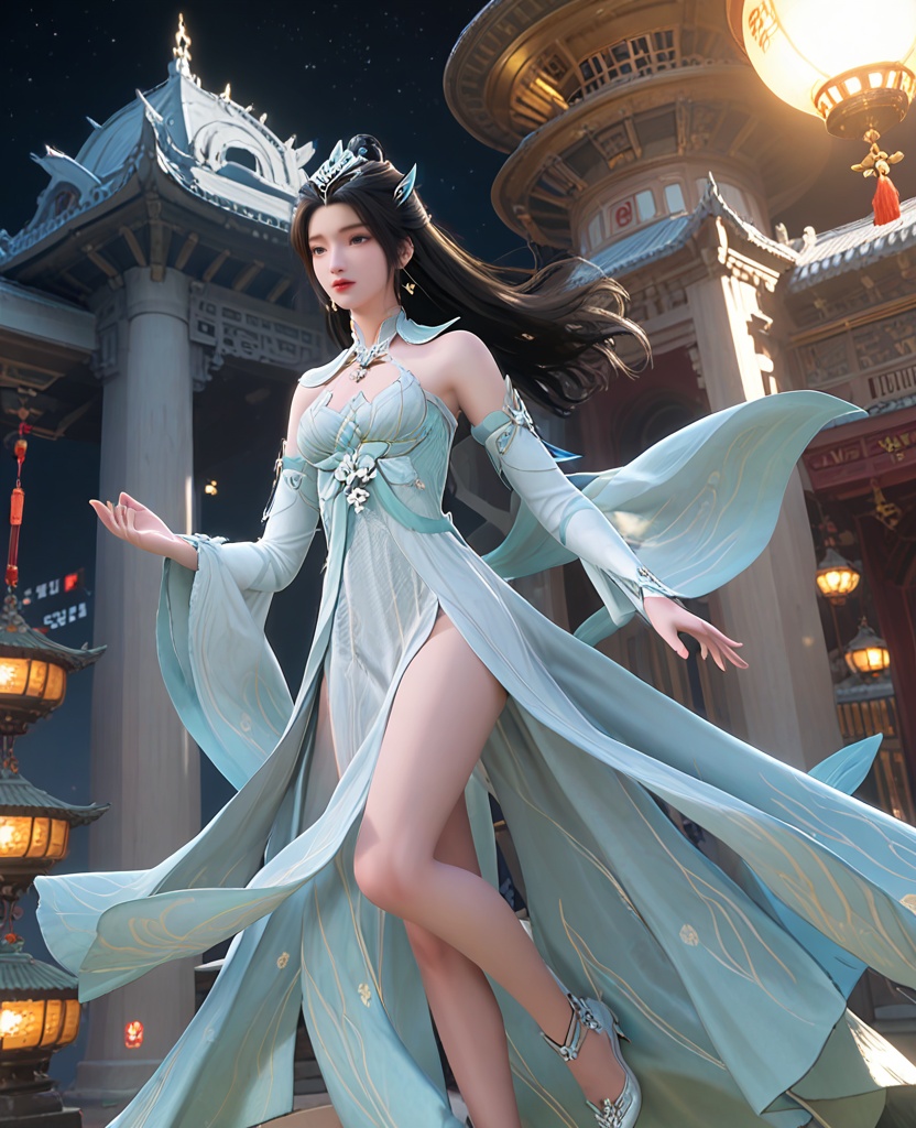 (oriental architecture, elegant decor, sophisticated style:1.1),(floating in the air,in a spaceship, gravityless space:1.1),(breasts:1.2),<lora:XL遮天颜如玉:0.95>,1girl,long hair,black hair,black eyes,earrings,hair_ornament,headpiece,breast,medium breast,bare shoulders,dress,white_dress,bare_legs,, score_9,score_8_up,score_7_up,score_6_up,score_5_up,score_4_up,3d rendering,tag1,tag2, Cinematic Lighting,backlighting,