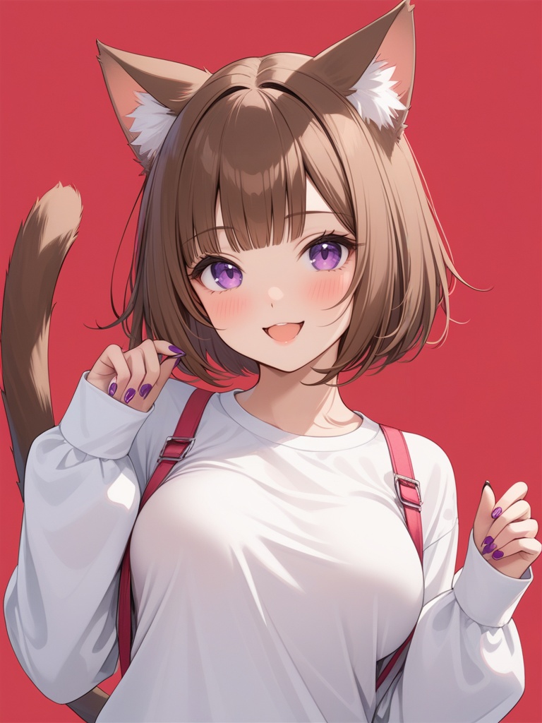 (best quality), ((masterpiece)), (highres), illustration, original, extremely detailed,1girl, animal ears, tail, solo, cat tail, cat ears, red background, open mouth, bangs, looking at viewer, smile, simple background, cat girl, long sleeves, short hair, blunt bangs, blush, breasts, nail polish, brown hair, purple eyes, shirt, cowboy shot, white shirt, animal ear fluff, bra strap, sleeves past wrists