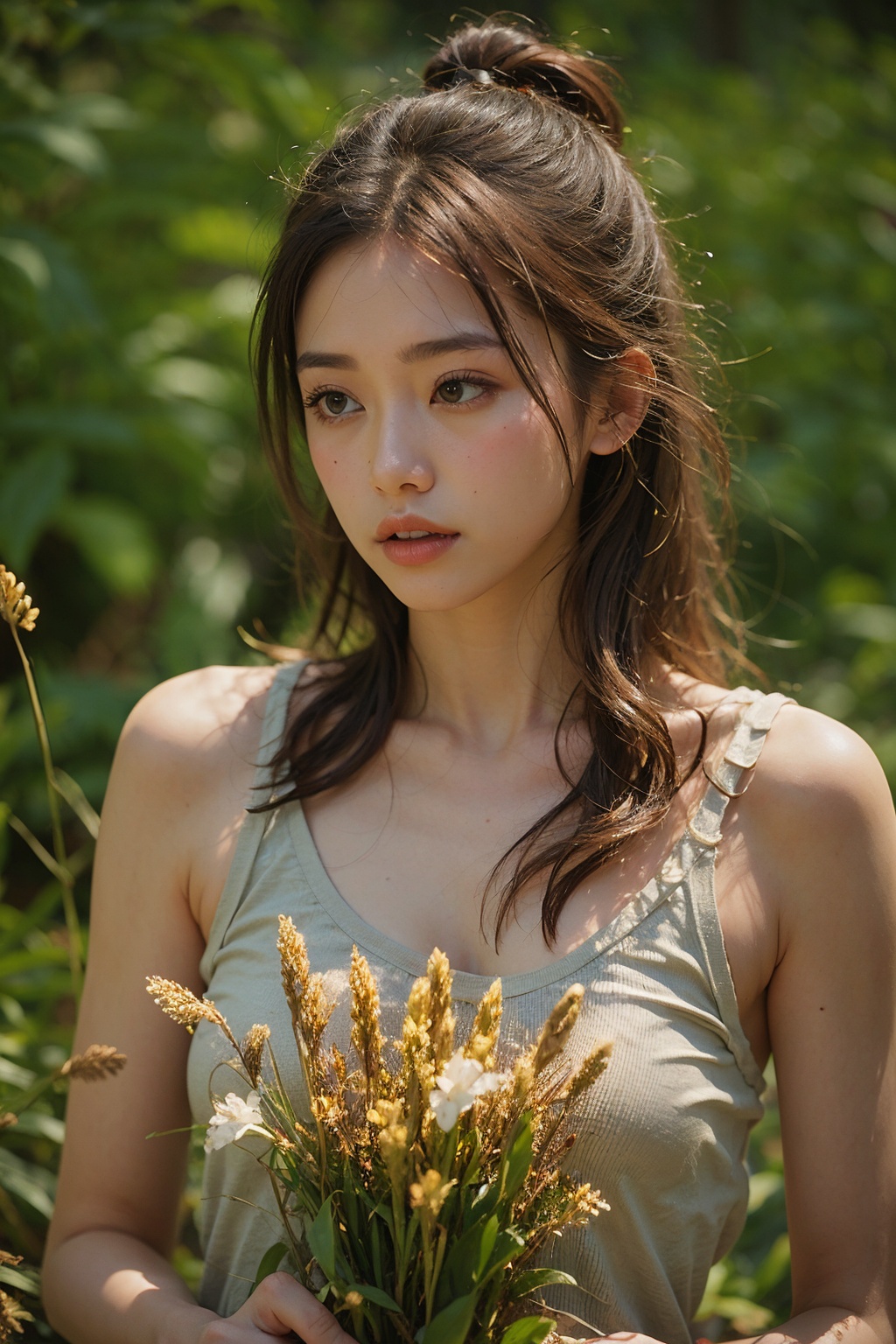 1girl,flowers,(yellow reed:1.1),forest,solo,long hair,(realistic:1.1),white background,brown hair,simple background,lips,parted lips,looking to the side,forehead,looking away,black hair,bare shoulders,signature,brown eyes,**** top,black eyes,(depth of field:1.2),blurry,Tyndall effect,<lora:linhe luweidang_20231022151238-000008:0.7>,