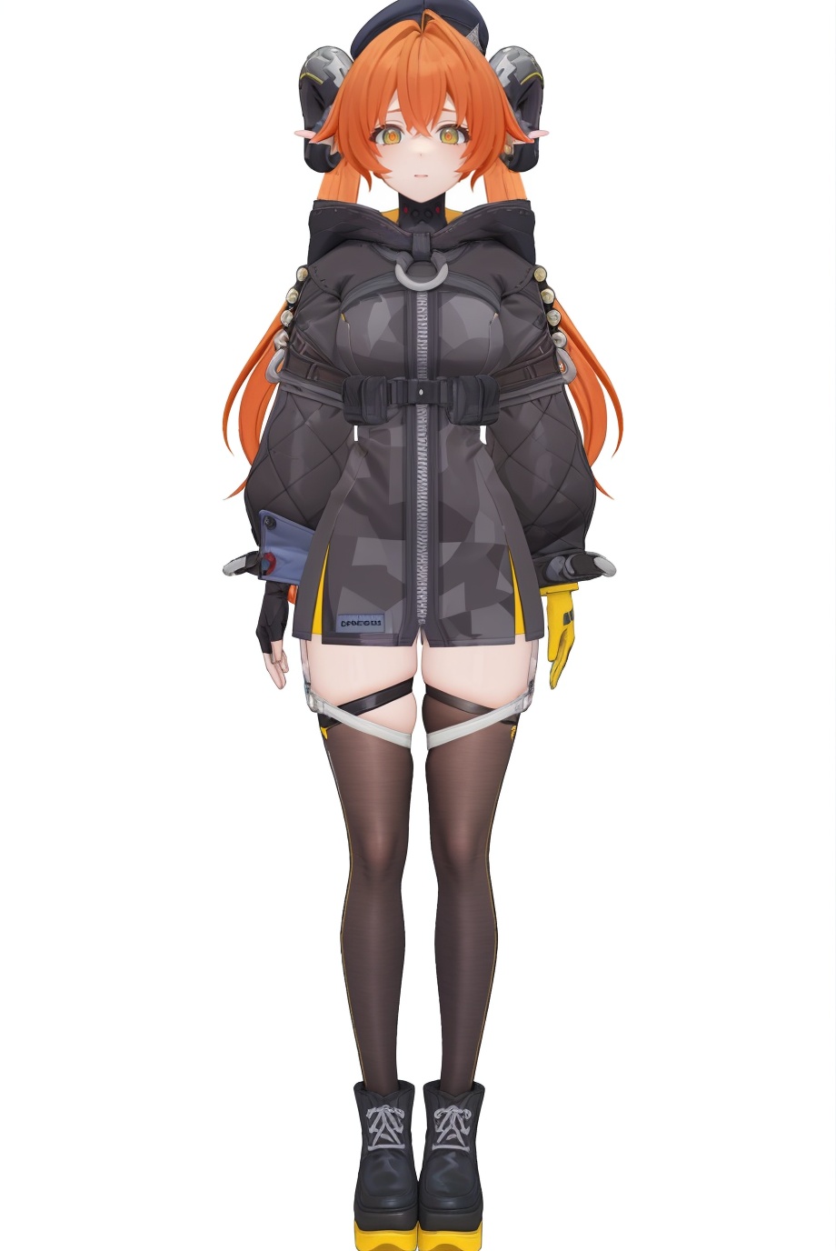 8k,best quality,masterpiece,(ultra-detailed),(high detailed skin),(by nanoless, by misumi \(macaroni\),:0.5),A full-body portrait of a young girl,standing gracefully,pastel art style,high-key lighting,shoujo manga influence,hd quality,delicate details,full body,full shot,standing,looking at viewer,(solo:1.2),simple background,(white background:1.2),<lora:afsguhuo-sd-Tanger-000018:0.8>,Orphie Magnusson \(Zenless Zone Zero\),clothes: guihuo def black jacket,black goat horns,guihuo black-and-red tail,guihuo asymmetrical gloves,1girl,thighhighs,long hair,orange hair,twintails,black footwear,breasts,hat,