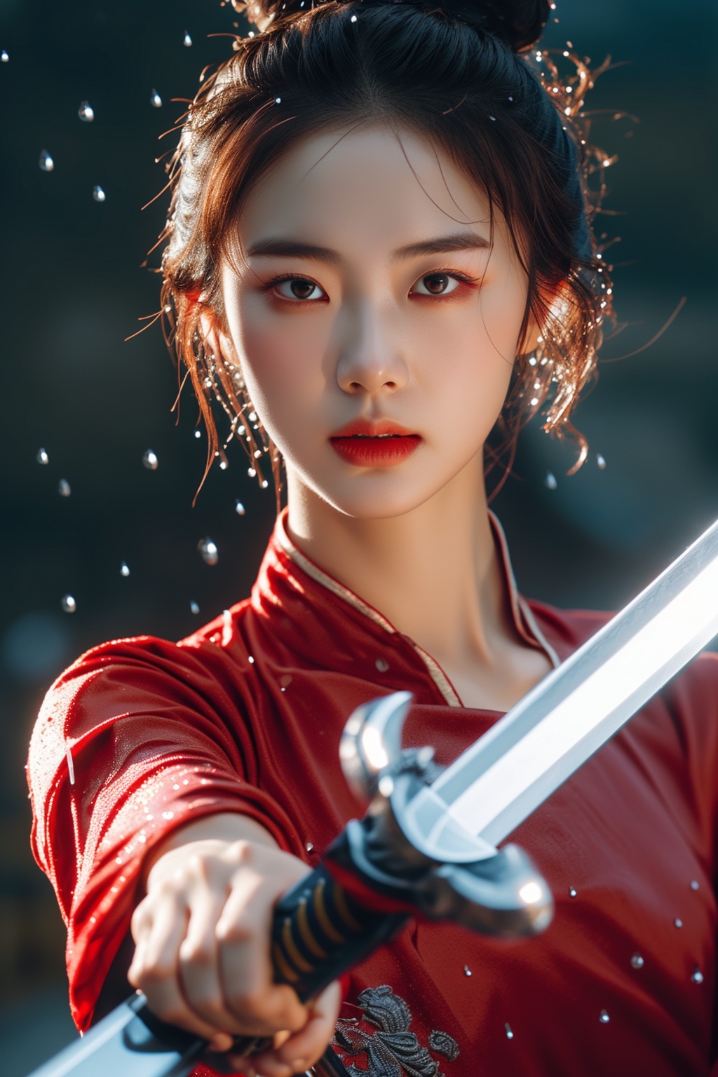 a woman in a red dress holding a sword in the rain with water droplets on her hair and her hair in a bun,1girl,solo,sword,brown_eyes,weapon,holding_sword,blood,holding,looking_at_viewer,holding_weapon,blurry,jewelry,