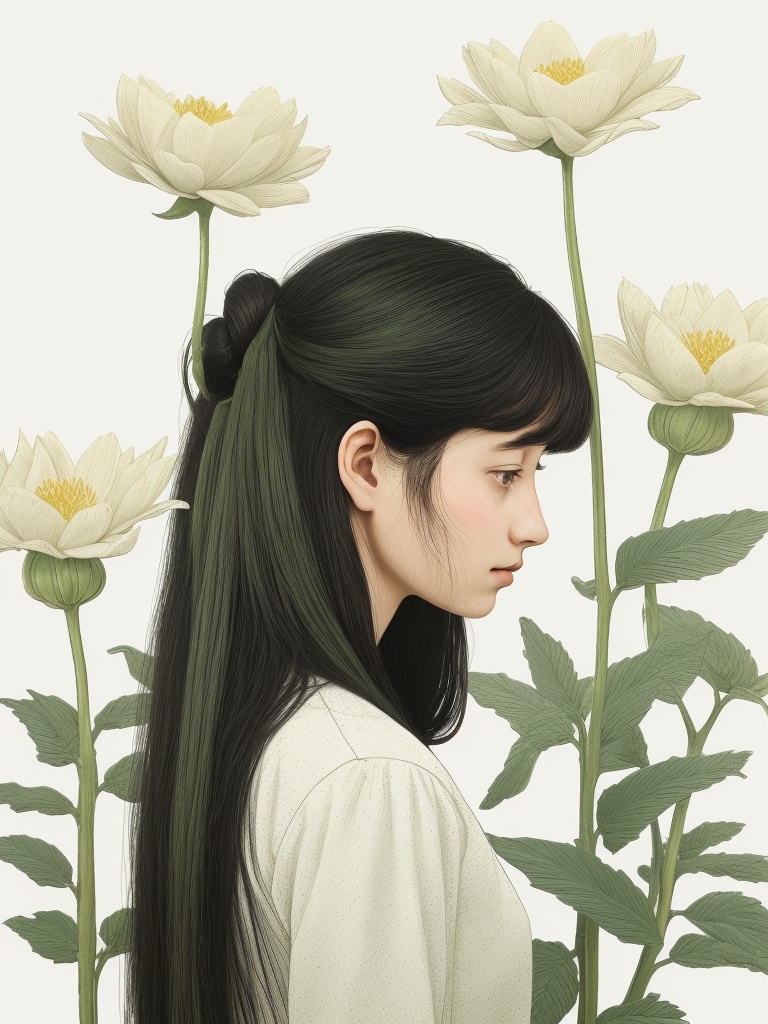 1girl, flowers, home cut, black straight hair, long hair, bun, light cream green, with a simple background of plants, looking away, minimalist and antique style, ,simple background,, .hand