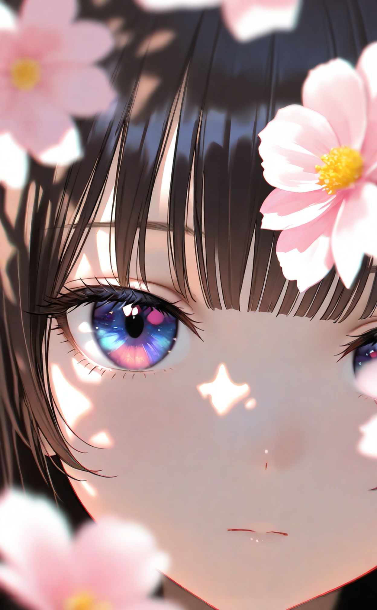masterpiece,highres,absurdres,newest,best quality,high quality,loli,petite,chromatic_aberration,//,1girl, eye_focus, flower, solo, looking_at_viewer, close-up, blue_eyes, multicolored_eyes, closed_mouth, blurry, purple_eyes, brown_hair, eye_reflection, portrait, white_flower, depth_of_field, expressionless, shadow, pink_flower, eyelashes, black_hair, blunt_bangs, reflection, blurry_foreground, blurry_background//,//,<lora:nyalia33:1>,