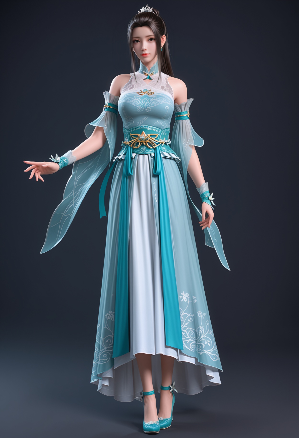 (full body:1.1),55.<lora:YQponyxunerzhongfenV4:0.8>,q1528437228,solo,1girl,long_hair,dress,black_hair,bare_shoulders,hair_ornament,blue_dress,detached_sleeves,chinese_clothes,brown_hair,sash,jewelry,hair_bun,realistic,brown_eyes,white_dress,ponytail,single_hair_bun,necklace,see-through,dark_skin,pantyhose,ribbon,china_dress,green_dress,,(huge breasts:0.8),(looking_at_viewer:1.1),(mature female:1.3),BREAK intricate details,shiny_skin,solo focus,perfect_anatomy,(score_9:1.3),(simple background:-1),(blurry:-1.2),(masterpiece:1.3),(best quality:1.3),(simple background,pure black background,black background:1.1),