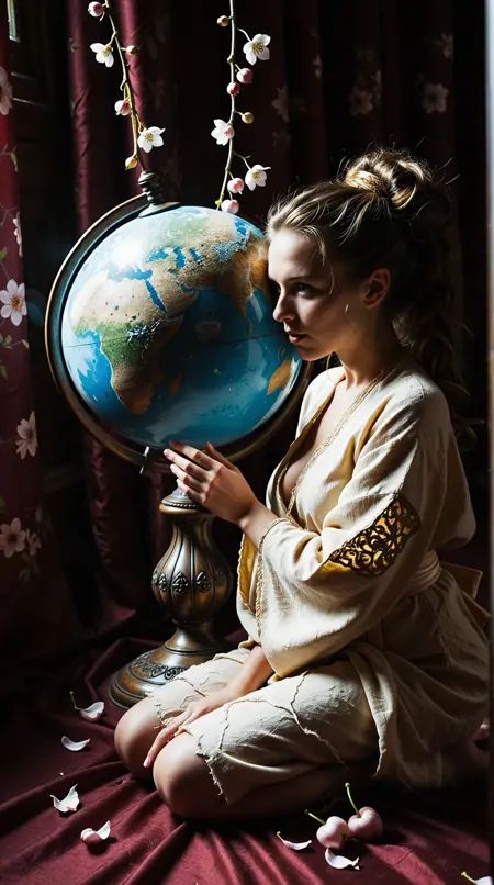 An ***** woman, {A professional sensual  photo of a pale woman, with natural hair  and a Retro Bouffant hairstyle, , A mystical, female kitsune with nine fluffy tails and piercing emerald eyes sits cross-legged amidst a swirling cherry blossom storm within a massive, antique snow globe, her slender fingers poised in mid-air as if conducting the turbulent, pink-hued vortex. Her long, curly hair flows like the blossoms, with strands escaping her loose, crimson-hued updo to dance among the whirling petals. The kitsune's traditional, pale blue kimono is torn and tattered, its silk fabric fluttering wildly as the storm rages on, while her tails blend seamlessly with the fluffy clouds that fill the globe, as if they are the very thoughts she is conjuring. The globe's glass surface is old and worn, with visible cracks and a delicate, golden filigree that shimmers in the soft, ethereal light emanating from within, where the kitsune's magic has brought the blossoms to life, and they now whirl around her in a mesmerizing, dreamlike dance., , mountainside ledge with view and a picnic blanket, detailed background