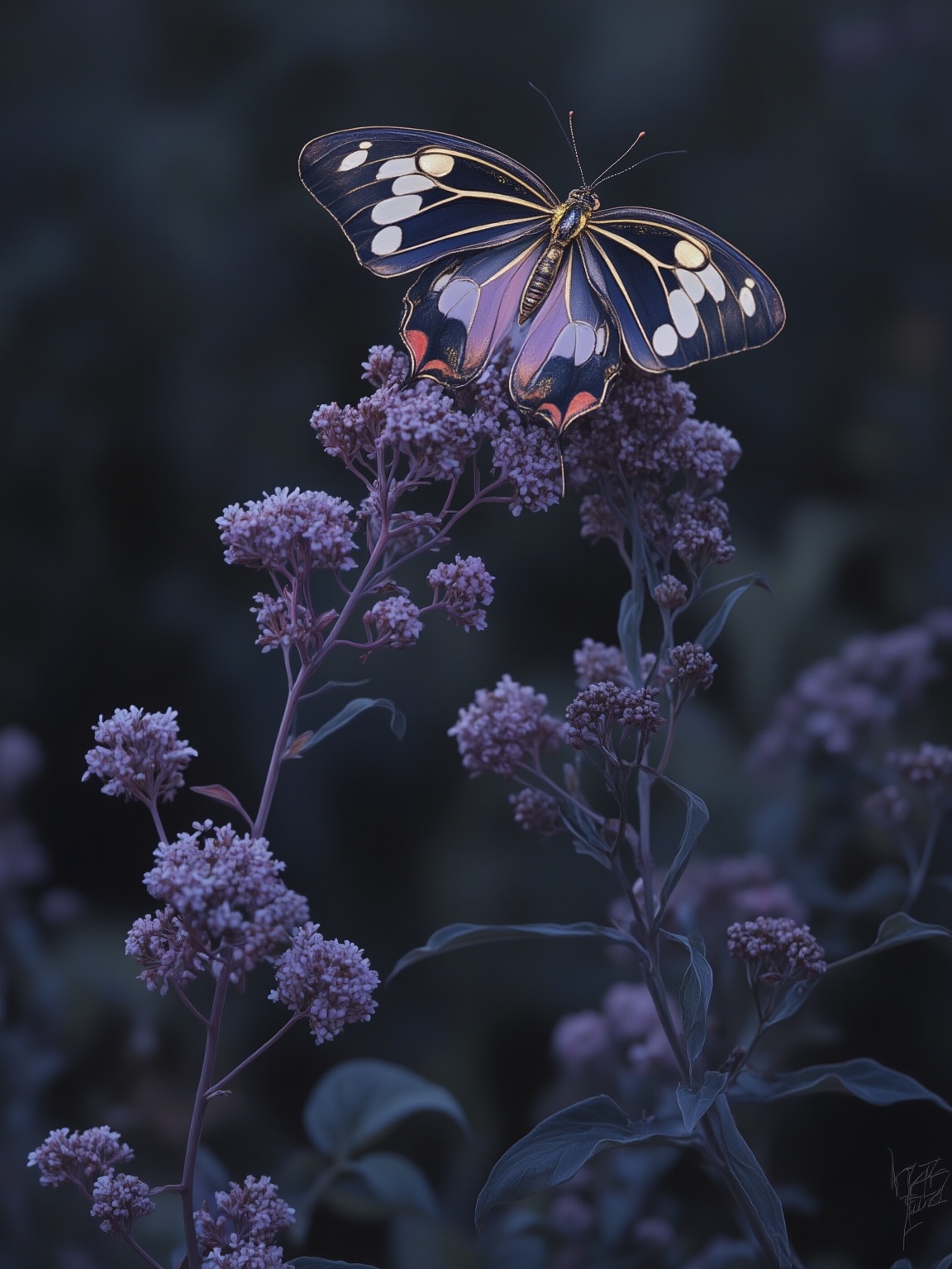 <lora:暗紫012:0.7>,anzi,gothic, a butterfly on a flower,
