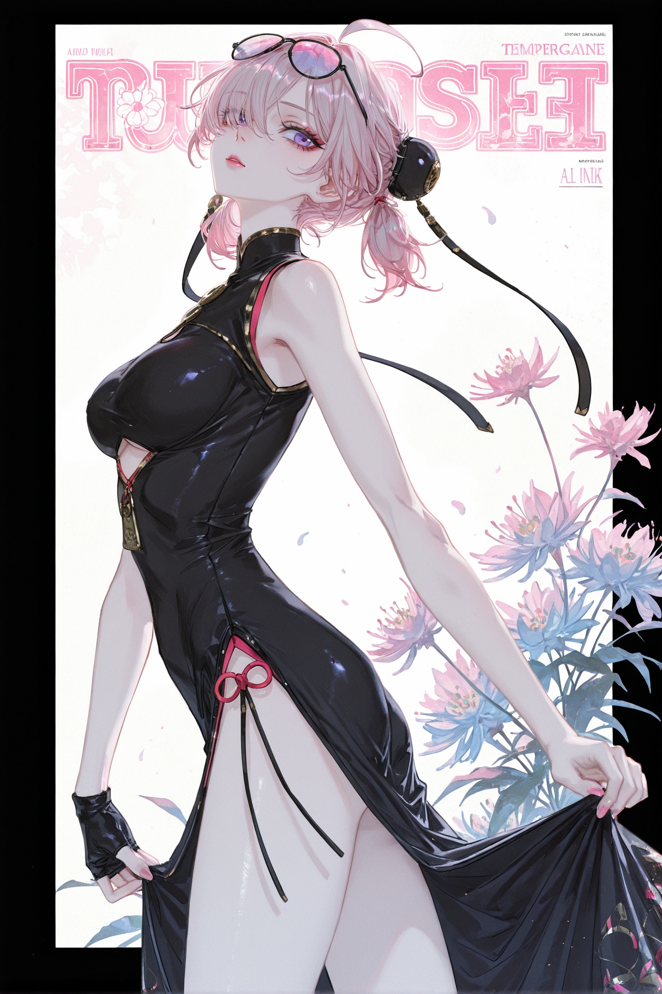 8k,best quality,masterpiece,(ultra-detailed),(high detailed skin),<lora:hanf-ill-Tanger:0.8>,artist: hanf,cowboy shot,transparent background,close-up,1girl,solo,white_background,flowers background,Close-up details,realistic style photo young woman,solo,big breasts,outstanding style,tall,cute,in her teens,Use soft lighting to cast gentle shadows on the subject,adding a touch of dimension to your images without compromising details,ear_ornament,hair_ornament,eyelashes,makeup,light pink eye shadow,light pink lipstick,pale skin,makeup,whirls of vapor,iridescent textures,(Anime:1.1),soft neon light,ethereal ambiance,delicate details,magical atmosphere,concept art,highly detailed,ultra-high resolution,32K UHD,sharp focus,best-quality,masterpiece,golden hour,unconventional supreme masterpiece,masterful  details,temperate atmosphere,with a high-end texture,in the style of fashion photography,magazine cover,Dynamic Angle,Dynamic posture,magazine cover,Dynamic Angle,Dynamic posture,(cowboy_shot:1.2),photography,magazine cover,Dynamic Angle,Dynamic posture,magazine cover,Dynamic Angle,Dynamic posture,(cowboy_shot:1.2),(artist:quasarcake:0.8),extreme aesthetic,(wlop:0.6),(honjou raita,lack,rella,wanke:0.5),masterpiece,best quality,good quality,newest,year 2024,year 2023,very aesthetic,absurdres,Visual impact,A shot with tension,ultra-high resolution,32K UHD,sharp focus,best-quality,masterpiece,Emotionalization,unconventional supreme masterpiece,masterful details,temperate atmosphere,with a high-end texture,in  the style of fashion photography,(Visual impact:1.2),giving the poster a dynamic and visually striking appearance,impactful picture,offcial art,colorful,splash of color,movie perspective,masterpiece,best quality,amazing quality,very aesthetic,absurdres,best quality,newest,<lora:hongdou-ill-Tanger-000014:0.8>,Sweety \(Zenless Zone Zero\),clothes: Sweety def black china dress,1girl,black single fingerless glove,eyewear on head,hair over one eye,purple eyes,breasts,black dress,ahoge,chinese clothes,<lora:Sketchy_Pinup_Style_Illu_Edition:0.8>,SP-Illu,
