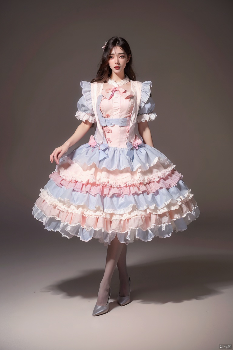 ((4k,masterpiece,best quality)), professional camera, 8k photos, wallpaper,1girl, solo, dress, bow, standing, full body, frills, pink dress,background, dress, bow, heart, frills, english text, no humans, bell, frilled dress, pink bow, pink dress, lolita fashion, Simple background, solid gray background<lora:EMS-225523-EMS:0.200000>