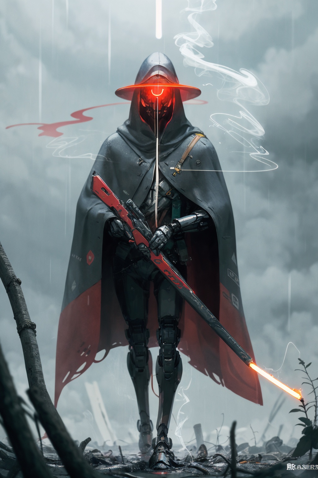 -smoking pipe, smoke, holding smoking pipe, holding, robot, rain, glowing, cloak, hat, no humans, red eyes, fog, science fiction, kiseru, solo, smoking,<lora:Apocalypse Aso_20240119162949:1>,Apocalypse Aso,