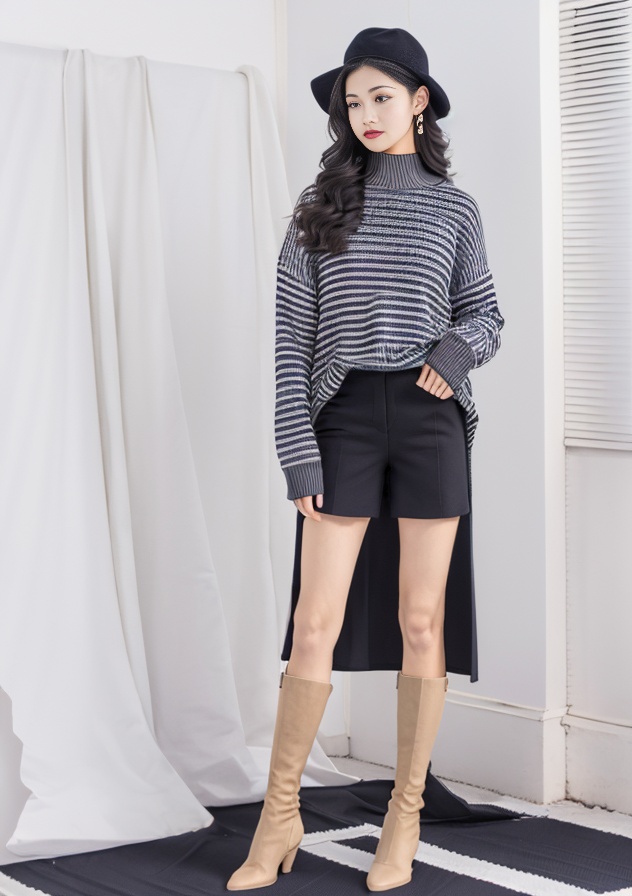 and, boots, fishnets, for, hand, hat, her, jewelry, long_hair, pinstripe_pattern, potted_plant, realistic, standing, sweater, the, while, white, with, woman, <lora:SD1.5_Xixi.V2.0:0.8>