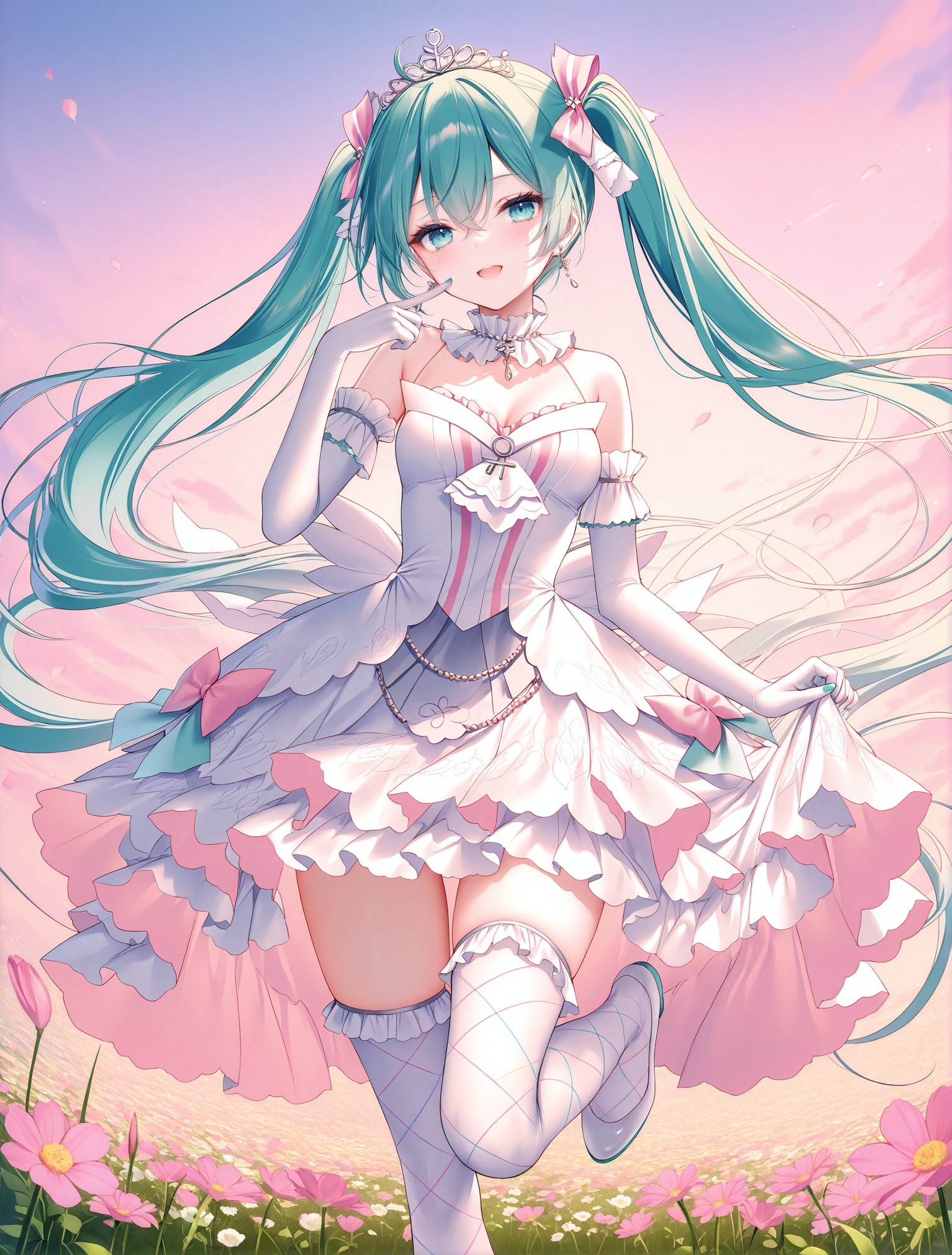 masterpiece, best quality, newest, absurdres, highres,(toosaka asagi: 0.5),(hiten \(hitenkei\):0.4),(rimuu:0.5),(mignon:0.5),(sheya:0.6),light smile,open mouth, 1girl,hatsune miku, aquaidol, white thighhighs, frilled dress, two-tone dress, print thighhighs, frilled thighhighs,elbow gloves,tiara,finger to face, outdoors,Flower field,standing on one leg,arm up,<lora:aquaidolXLNAI:1>