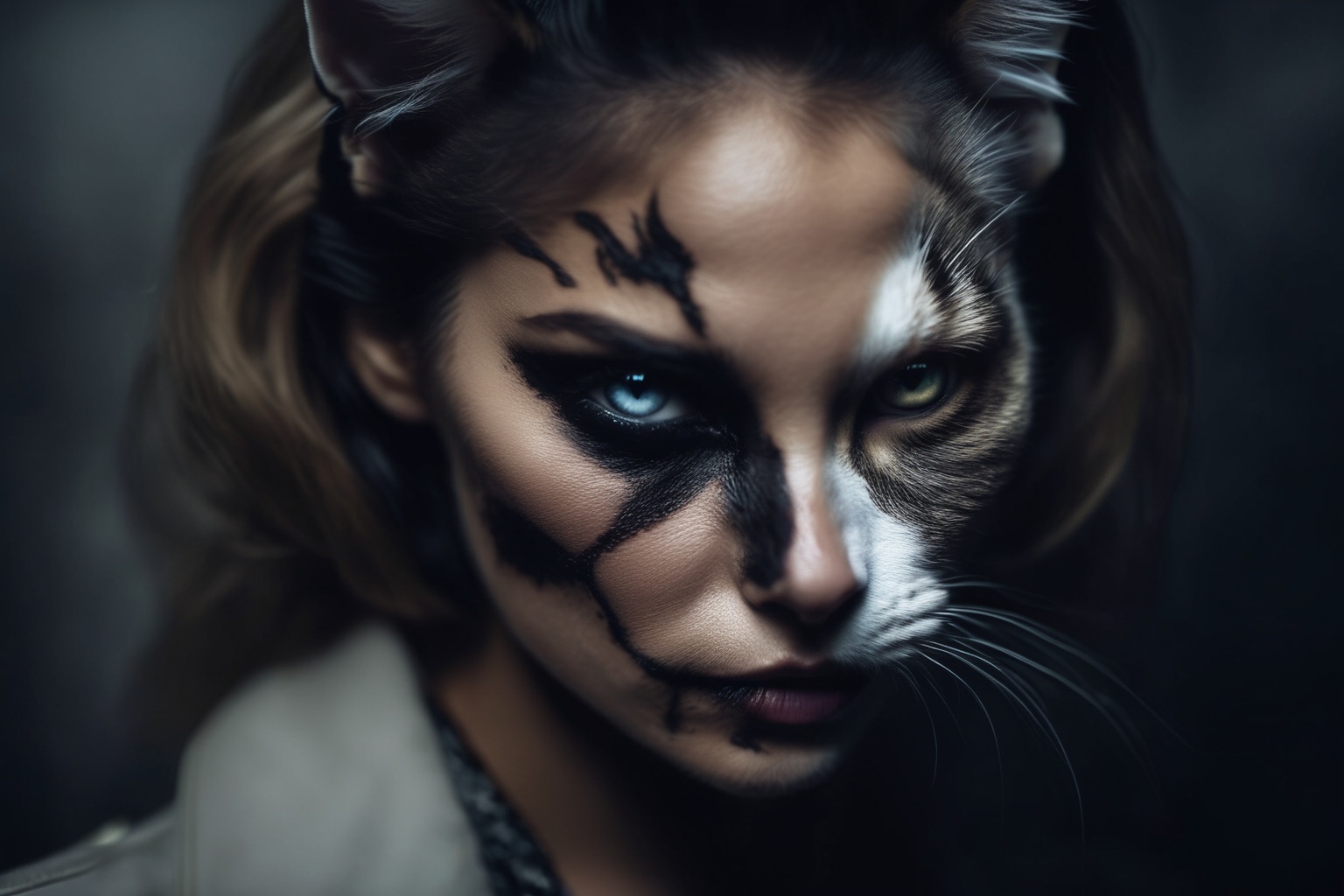 Photo of a captivating (cat|woman),  a cat merged into a woman half faced,  Harvey Dent / Two-Face style on Tensor.Art