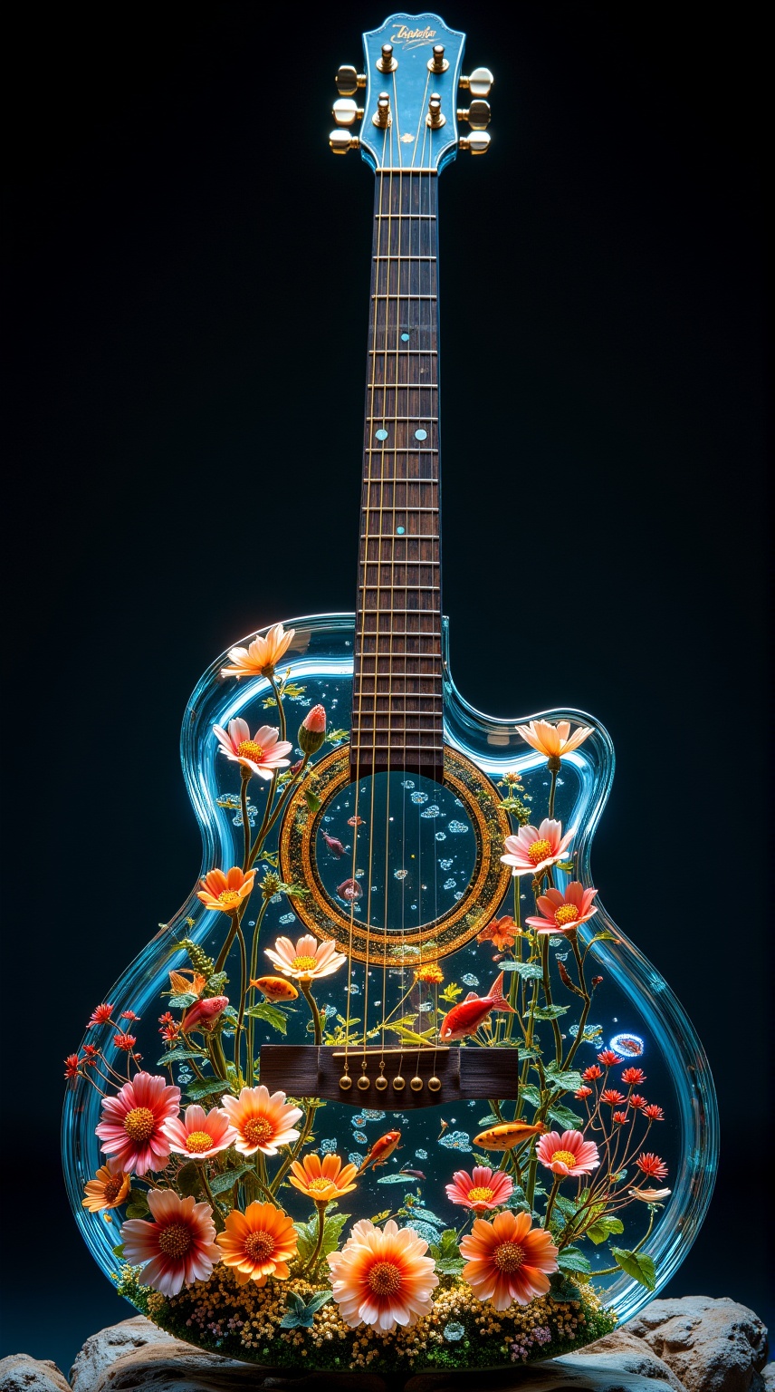 Floral instruments, A vibrant and detailed glass guitar with a lively underwater garden of flowers, fish, and plants. 