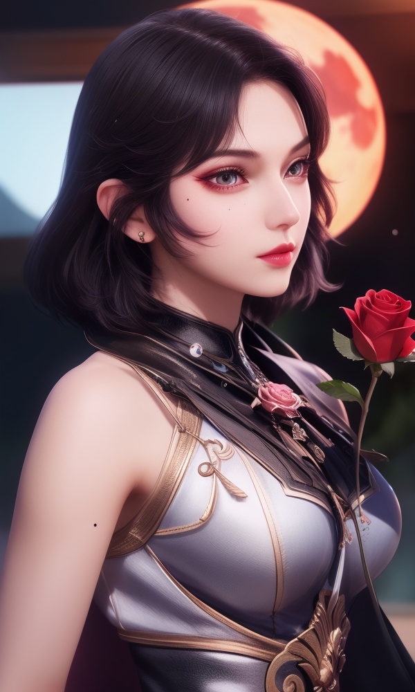 (,1girl, ,best quality, ),looking at viewer, <lora:377-DA-斗罗大陆-木槿:0.8> ,,ultra detailed background,ultra detailed background,ultra realistic 8k cg,, ,masterpiece, (( , )),, ,science fiction,mole, ,tamari \(flawless\),   ,red moon, black rose,     (()), (),