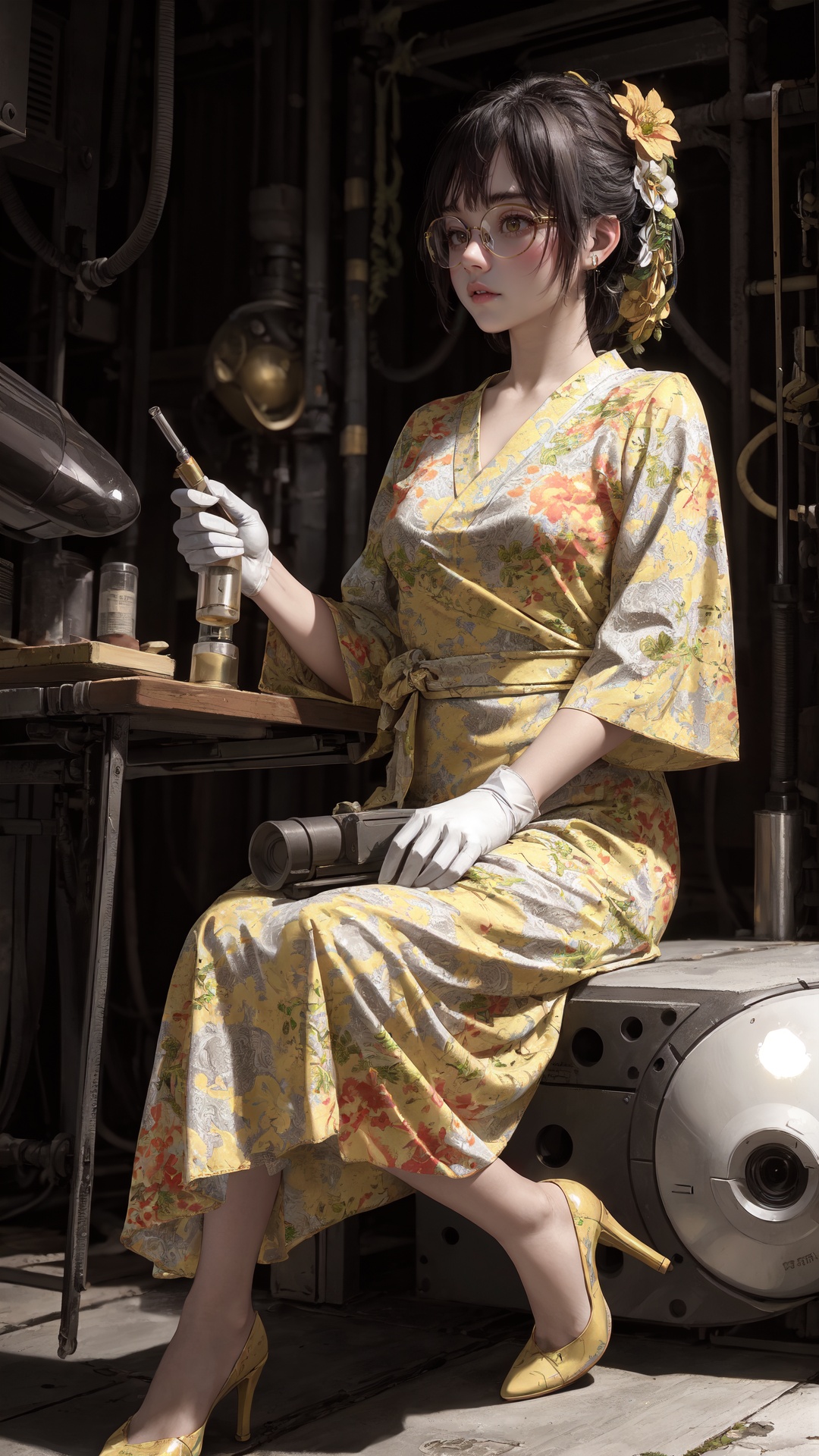 tutututu,floral print,dress,yellow flower dress,long sleeves,obi,<lora:yellow_dress_V2-000006:0.65>,cinematic style,realistic,masterpiece,best quality,extremely detailed,absurdres resolution,High quality texture,Cinematic Lighting,1girl Sitting at the table fixing robots,robot dog,cute genius japanese school girl, glasses,protective gloves,in a A basement full of neo pipes,welding,precision instruments,complex circuit,vacuum tube punk,high heels,<lora:OC:0.15> <lora:LowRA:0.3>
