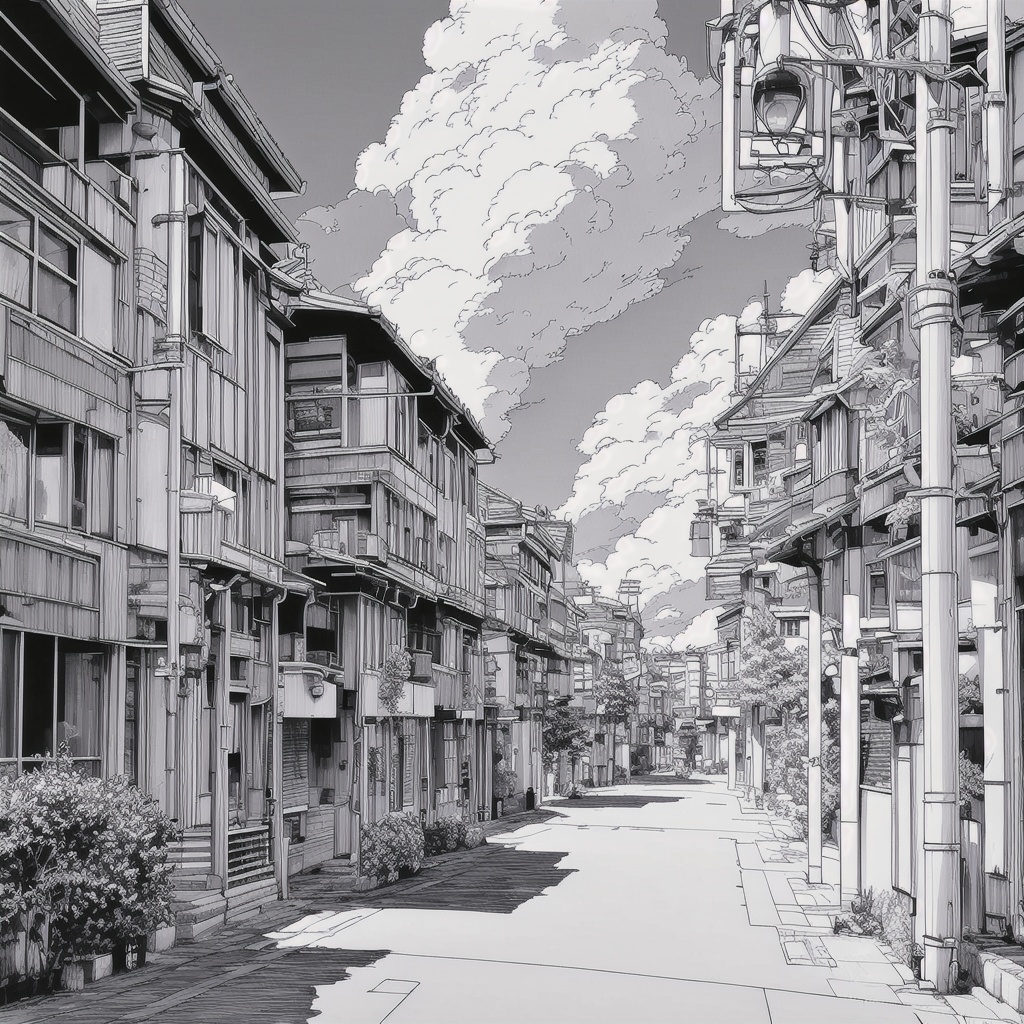 jiedao,greyscale,monochrome,scenery,traditional media,outdoors,<lora:素描街道test-0000010:1>,scenery,building,(blue sky:1.2),daytime,masterpiece,best quality,tree,cloud,modernist design,street,city,Bustling city,, masterpiece, best quality,