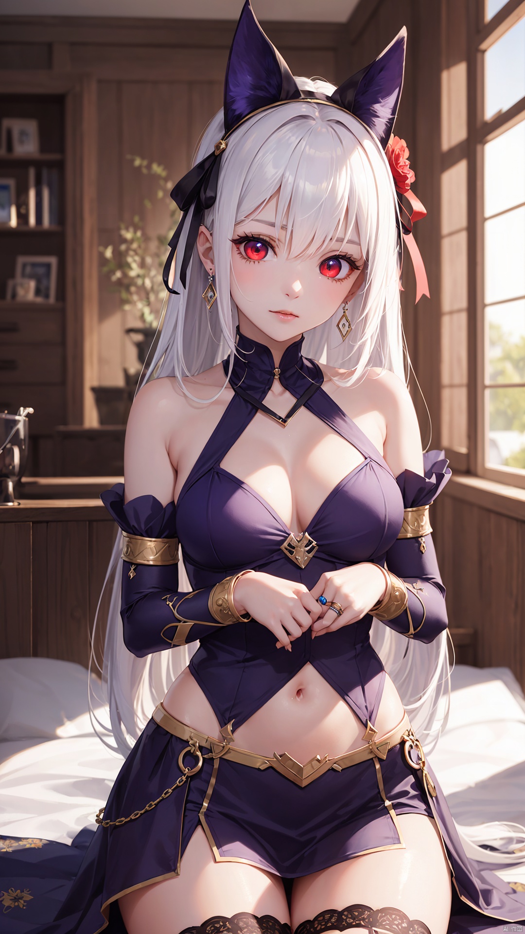 fgokama,  kama,  hair ribbon,  (red eyes:1.5),  red ribbon,  ribbon,  long hair,  white hair,  BREAK armlet,  bare shoulders,  bikini armor,  bracelet,  collar,  detached sleeves,  dress,  earrings,  floral print,  jewelry,  metal collar,  miniskirt,  pelvic curtain,  purple dress,  purple skirt,  purple sleeves,  purple thighhighs,  ring,  skirt,  thighhighs,  thighlet,  BREAK looking at viewer,  BREAK indoors,  bed BREAK (masterpiece:1.2),  best quality,  high resolution,  unity 8k wallpaper,  (illustration:0.8),  (beautiful detailed eyes:1.6),  extremely detailed face,  perfect lighting,  extremely detailed CG,  (perfect hands,  perfect anatomy),<lora:EMS-67170-EMS:0.000000>,<lora:EMS-253410-EMS:0.000000>,<lora:EMS-89019-EMS:0.000000>,<lora:EMS-151900-EMS:0.000000>,<lora:EMS-70958-EMS:0.000000>