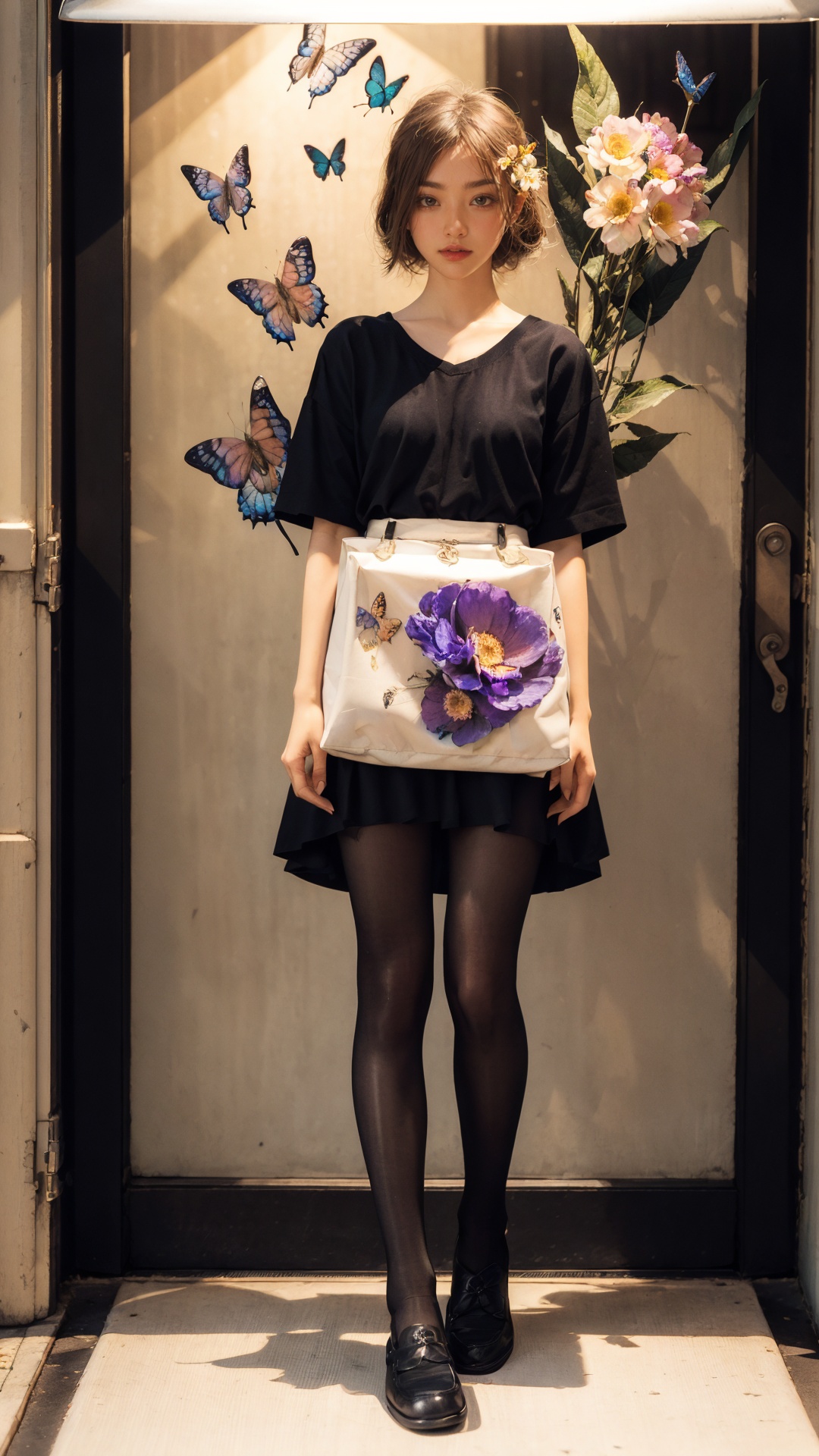 tutututu,black pantyhose,loafers,leather shoes,(masterpiece:1.1),(highest quality:1.1),(HDR:1),ambient light,ultra-high quality,( ultra detailed original illustration),(1girl, full body),((harajuku fashion)),((flowers with human eyes, flower eyes)),double exposure,fusion of fluid abstract art,glitch,(original illustration composition),(fusion of limited color, maximalism artstyle, geometric artstyle, butterflies, junk art),<lora:merged_0024:0.75>,