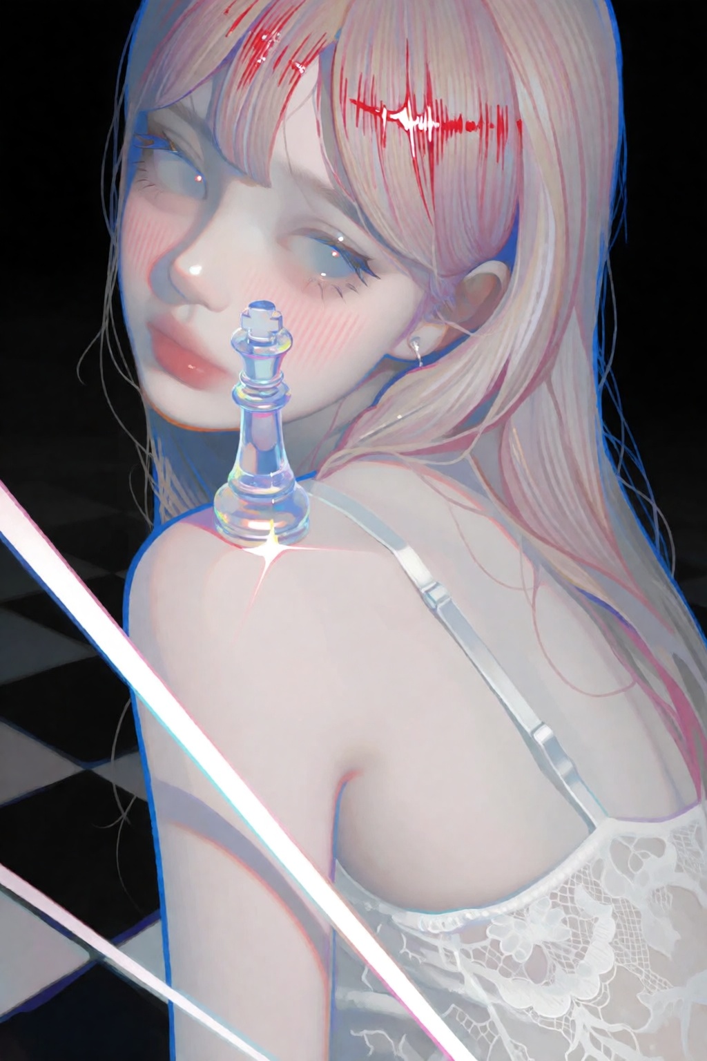 A medium close-up,  high-angle shot depicts a woman with light blue eyes and pale skin and light-colored hair featuring st...