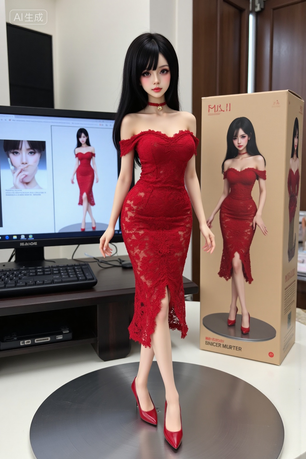 off-the-shoulder red lace dress,Figure,with a silicone texture,standing on a stainless steel disc,with a computer behind it,the computer contains the design drawing of the figure,in an indoor environment,next to it there is a packaging box,the packaging box also has the image of the figure,wearing a qipao.,, Negative prompt: ng_deepnegative_v1_75t,(badhandv4:1.2),EasyNegative,(worst quality:2),,nsfw, Steps: 30, Sampler: Euler, CFG scale: 3.5, Seed: 1853752612, Size: 1024x1536, Model hash: 8aebb373f6, Model: 星梦·日常照片大模型_日常系出图_v1.safetensors, Denoising strength: 0, RNG: CPU, Lora 1: 衣服系列_一字肩蕾丝裙, Lora Hash 1: 9596d16fe8, Lora Weight 1: 0.4, Lora 2: 混血西域女孩脸庞1.0, Lora Hash 2: 74642b7bf2, Lora Weight 2: 0.8, Lora 3: FLUX-皮肤细化修复-蓝眼睛效果, Lora Hash 3: 5a2fcf87b8, Lora Weight 3: 0.8, vae_name: automatic