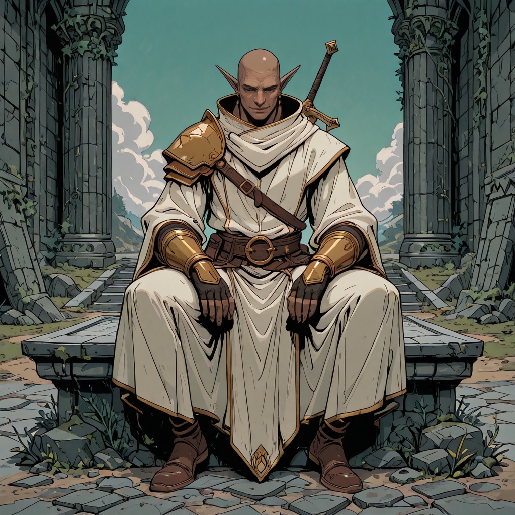 D&D Painterly,  A highly detailed digital illustration depicting an elf-like character in a meditative pose on a stone pat...