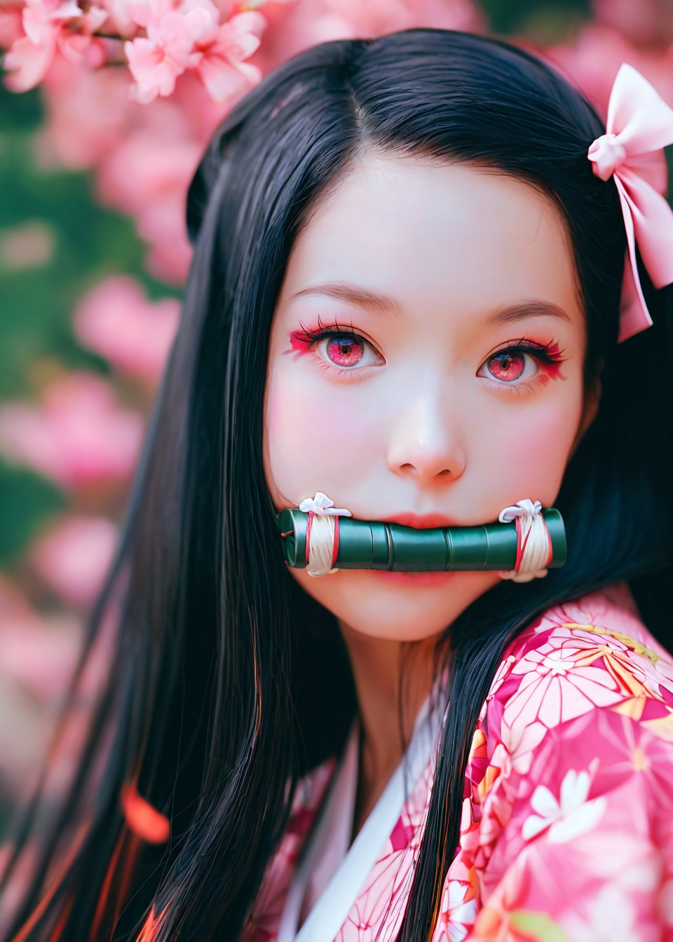 score_9, score_8_up, score_7_up, 1girl, solo, long hair, looking at viewer, black hair, red eyes, ribbon, hair ribbon, multicolored hair, japanese clothes, pink eyes, kimono, blurry, eyelashes, depth of field, mouth hold, portrait, forehead, pink ribbon, blurry foreground, gag, gagged, pink kimono, bamboo, bit gag, kamado nezuko