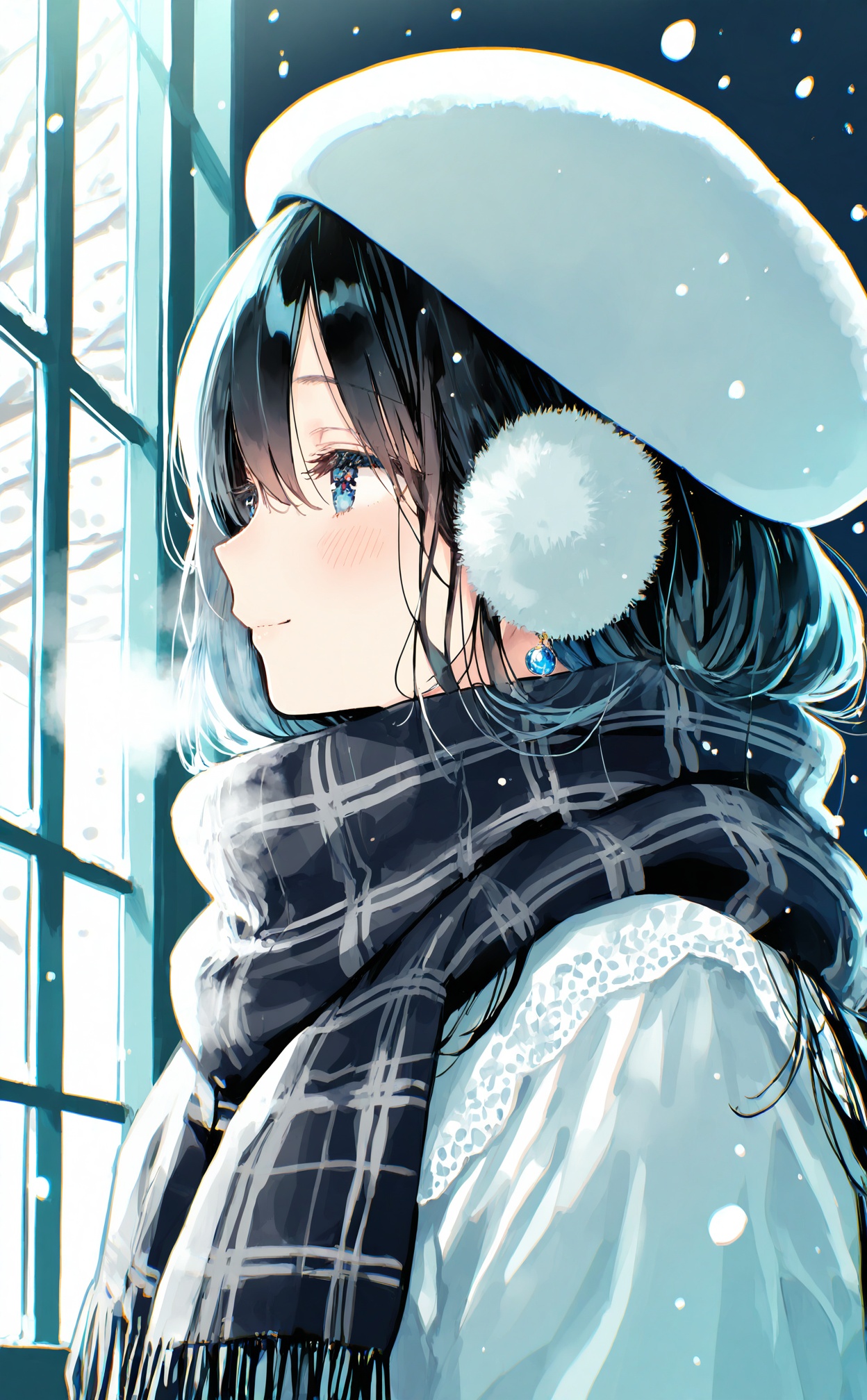 masterpiece,highres,absurdres,newest,best quality,high quality,chromatic_aberration,//,1girl, scarf, solo, black_hair, window, white_headwear, plaid_scarf, long_hair, black_scarf, hat, blush, smile, earmuffs, closed_mouth, plaid, upper_body, breath, snowing, winter, enpera, snow, beret, jewelry, winter_clothes, blue_eyes, from_side, hair_between_eyes, light_smile, fur_trim, earrings, fur_scarf, indoors, white_shirt, portrait, lace_trim, white_scarf, looking_ahead, shirt, day//,//,<lora:chun_paretto——【noob】hans:0.8>,