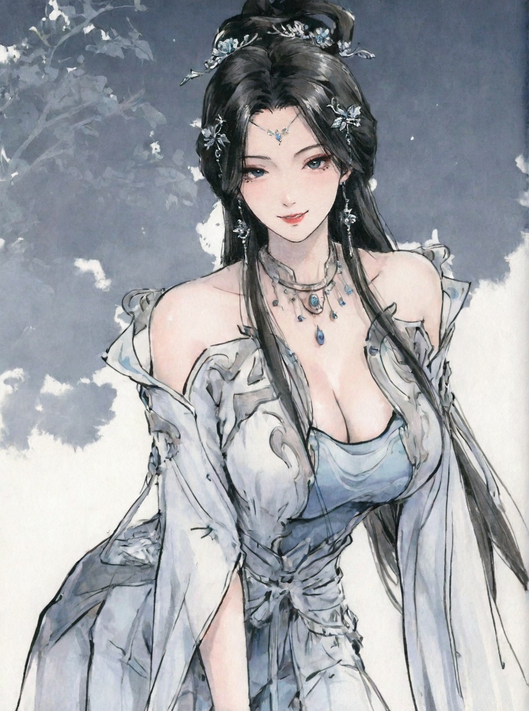 ((very awa)),solo,highly detailed,(best quality),((masterpiece)),1girl,<lora:鸽正则nbXL:0.4>,ge,chi,<lora:chi正则100nbXL:0.7>,traditional media,painting \(medium\),watercolor \(medium\),large breasts,mature_female,looking_at_viewer,<lora:安妙依nbXL:0.6>,anmiaoyi,black hair,hair ornament,earrings,necklace,hair bun,bare shoulders,forehead mark,facial mark,cowboy_shot,seductive_smile,