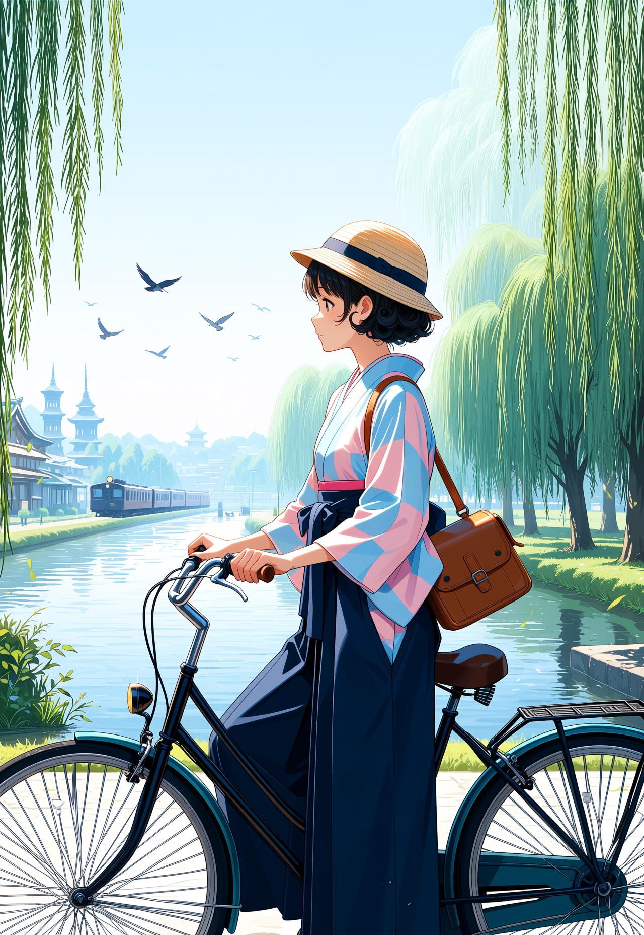 In a peaceful townscape,  a teenage girl pedals her vintage bicycle slowly along a quiet riverside path lined with willow...