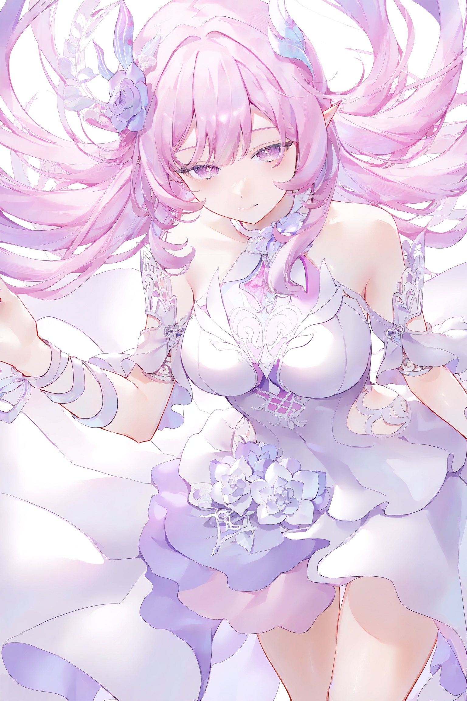 <lora:光辉V1昔涟角色V2:0.8>,xiliajn,1girl,solo,flower,long hair,pink hair,hair ornament,bare shoulders,pointy ears,dress,white dress,pink eyes,purple eyes,elf,hair flower,rose,jewelry,purple flower,white flower,diamond-shaped pupils,<lora:n11espJIMA中后期画风0.1版本XL:1>,iahhqxlhf,