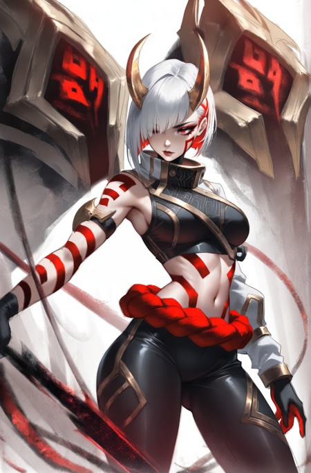 ,  masterpiece, best quality, amazing quality, absurdres, very aestheticsexy, hips   white background,  <lora:IS_kaisa-e81_s1296:1> IS_kaisa, short white hair, hair cover one eye, red eyes, golden curved horns, red facial markings, black crop top with armored collar, white armored sleeve on one arm, red rope belt around waist, armored gloves, dark tight pants, gold patterns,