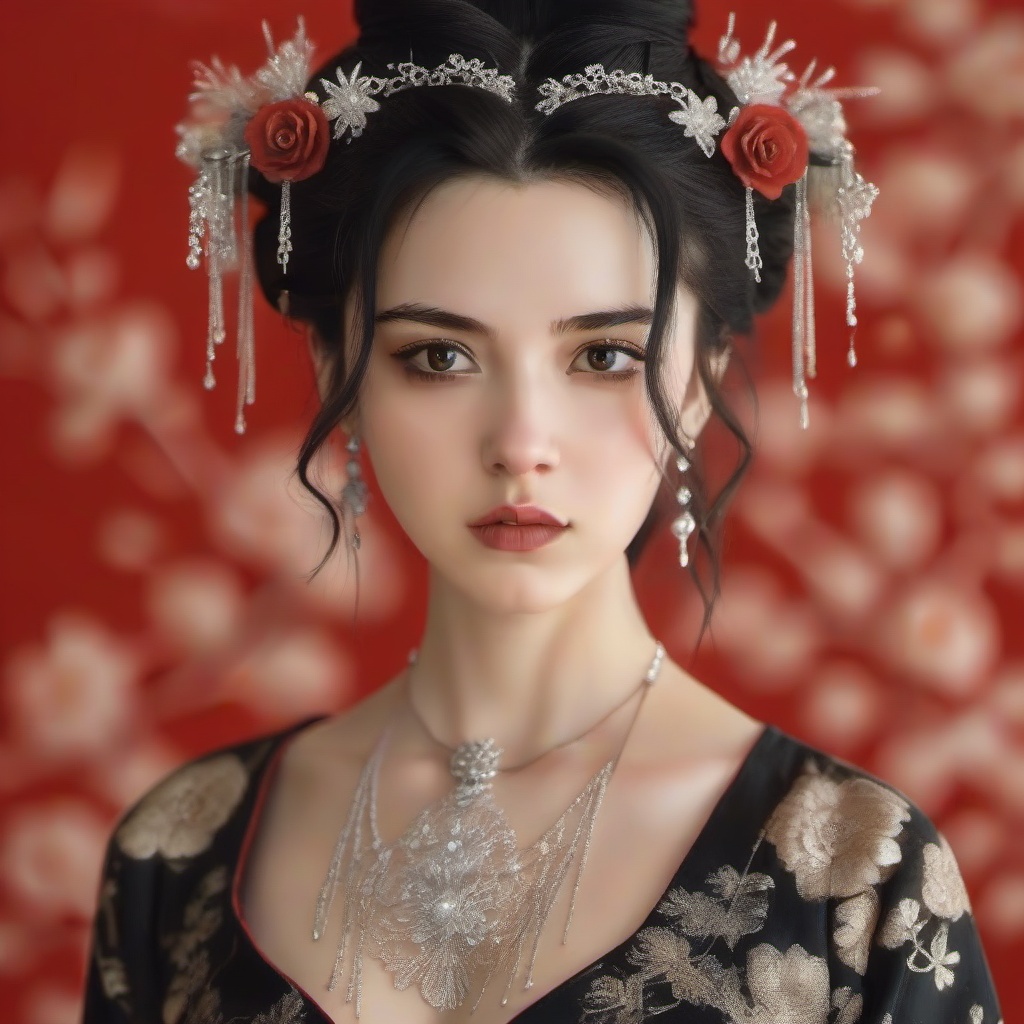 nvwangZ,1girl,solo,black hair,necklace,looking at viewer,realistic,upper body,red background,black eyes,flower,updo,<lora:FANHUA-XL:0.8>,
