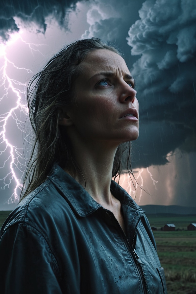woman close up portrait,  A violent apocalyptic storm confined inside a drinking-lass standing surrounded by peace and cal...